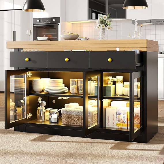 360° Rotating Bar Table,Extendable Kitchen Island with LED Lights,120–200 cm Adjustable Dining Table with Storage, 3 Drawers & Glass Cabinets,Open Storage Space Breakfast Bar Table (Black)