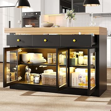360° Rotating Bar Table,Extendable Kitchen Island with LED Lights,120–200 cm Adjustable Dining Table with Storage, 3 Drawers & Glass Cabinets,Open Storage Space Breakfast Bar Table (Black)