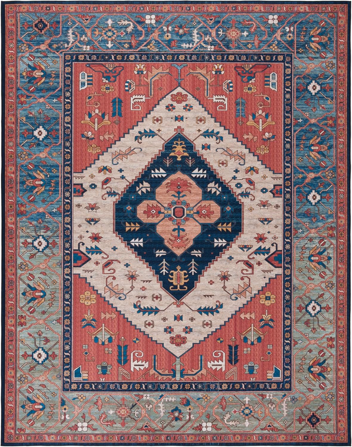 SAFAVIEH Washable Rug Tucson Collection - 9' x 12', Rust & Blue, Slip Resistant & Easy to Clean, Ideal for Living Room, Bedroom, Dining Space (TSN153P)