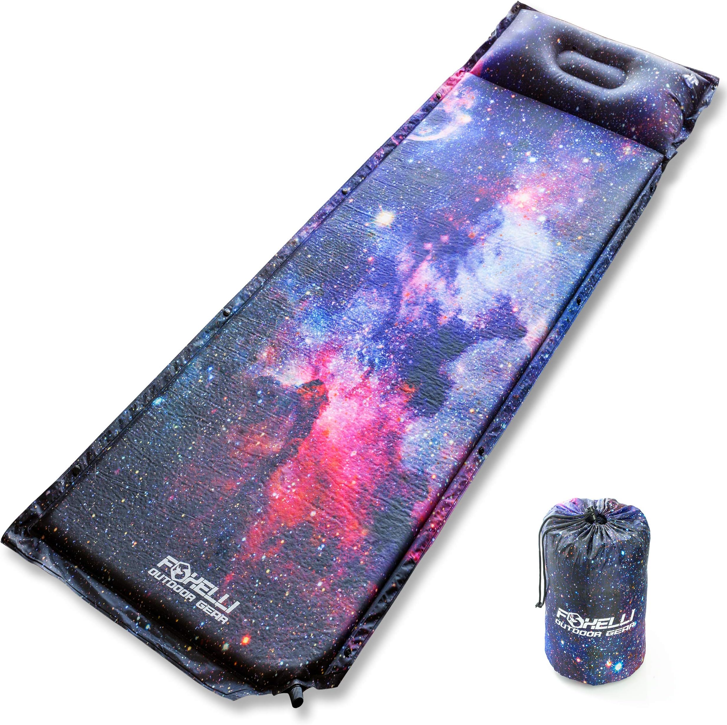 Foxelli Self Inflating Sleeping Pad for Camping, Backpacking, Hiking, Insulated Foam Lightweight Camping Mat, Inflatable Camp Mattress with Pillow
