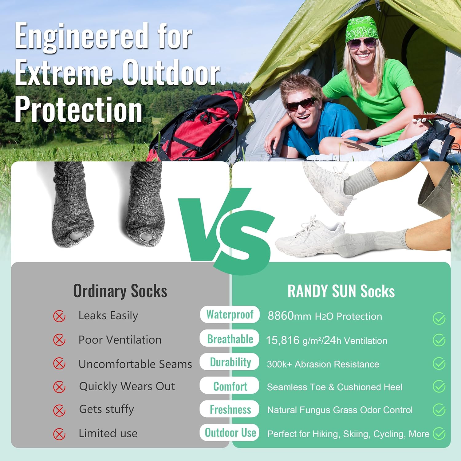 RANDY SUN Waterproof Socks for Men and Women, Hiking Wading Trail Running Crew Socks