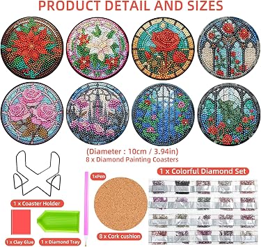 8 Pcs Diamond Painting Coasters Kit,Flower Diamond Painting Kits with Holder,Diamond Art Coasters for Beginners Adults