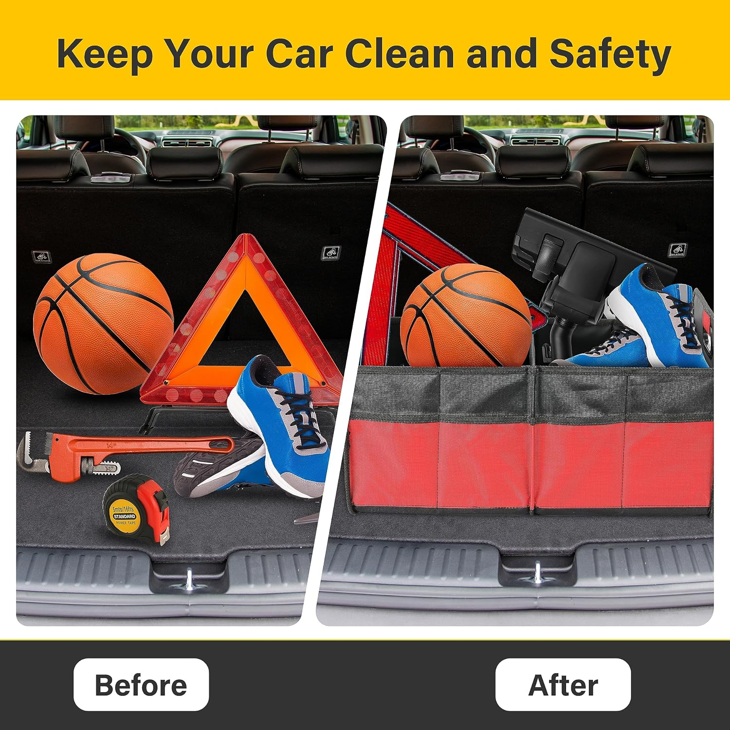 YSSOA 2 Compartments Car Trunk Organizer, 600D Oxford Polyester Car Storage, Anti-slip 14" D x 22" W x 12" H Collapsible Trunk Storage, Suitable for SUV, Minivan, Truck, Red New image 5