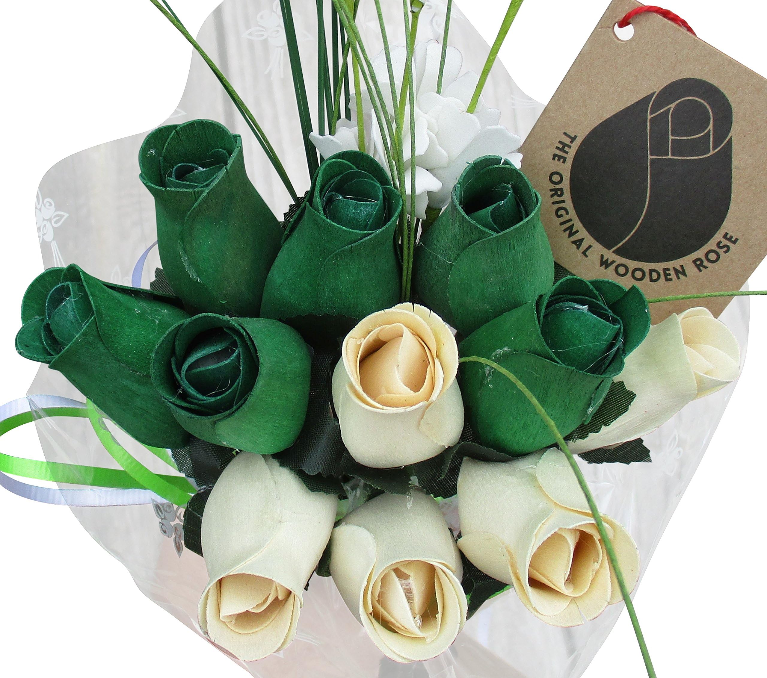 The Original Wooden Rose St. Patrick's Day Green and White Flower Bouquet Closed Bud Roses (1 Dozen)