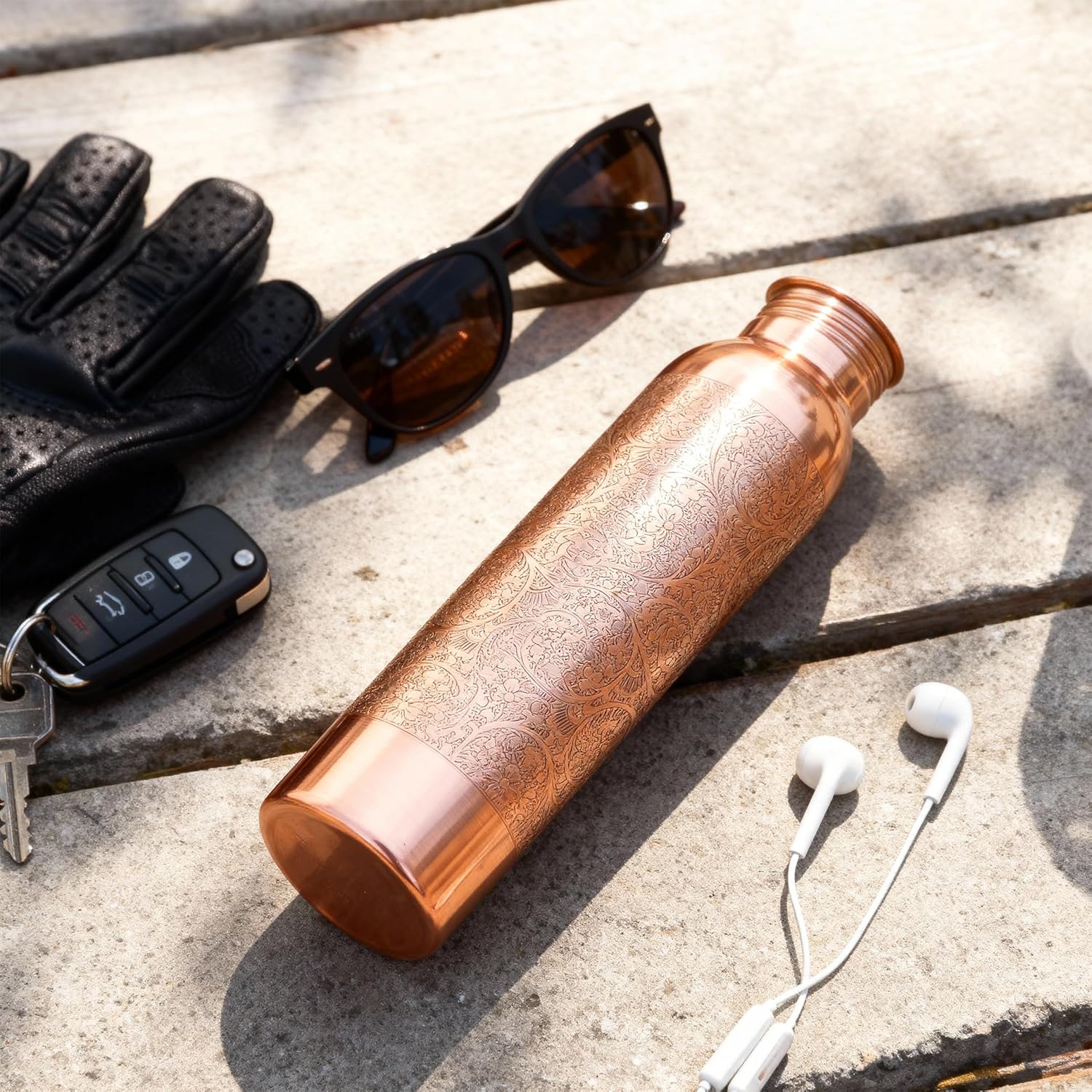 Copper Water Bottle For Drinking Pure Copper Bottle 1000 ml With Carrying Bag For Sports, Yoga, Gym,Office,Hiking (Pack of 2, Natural Meena Bottle)