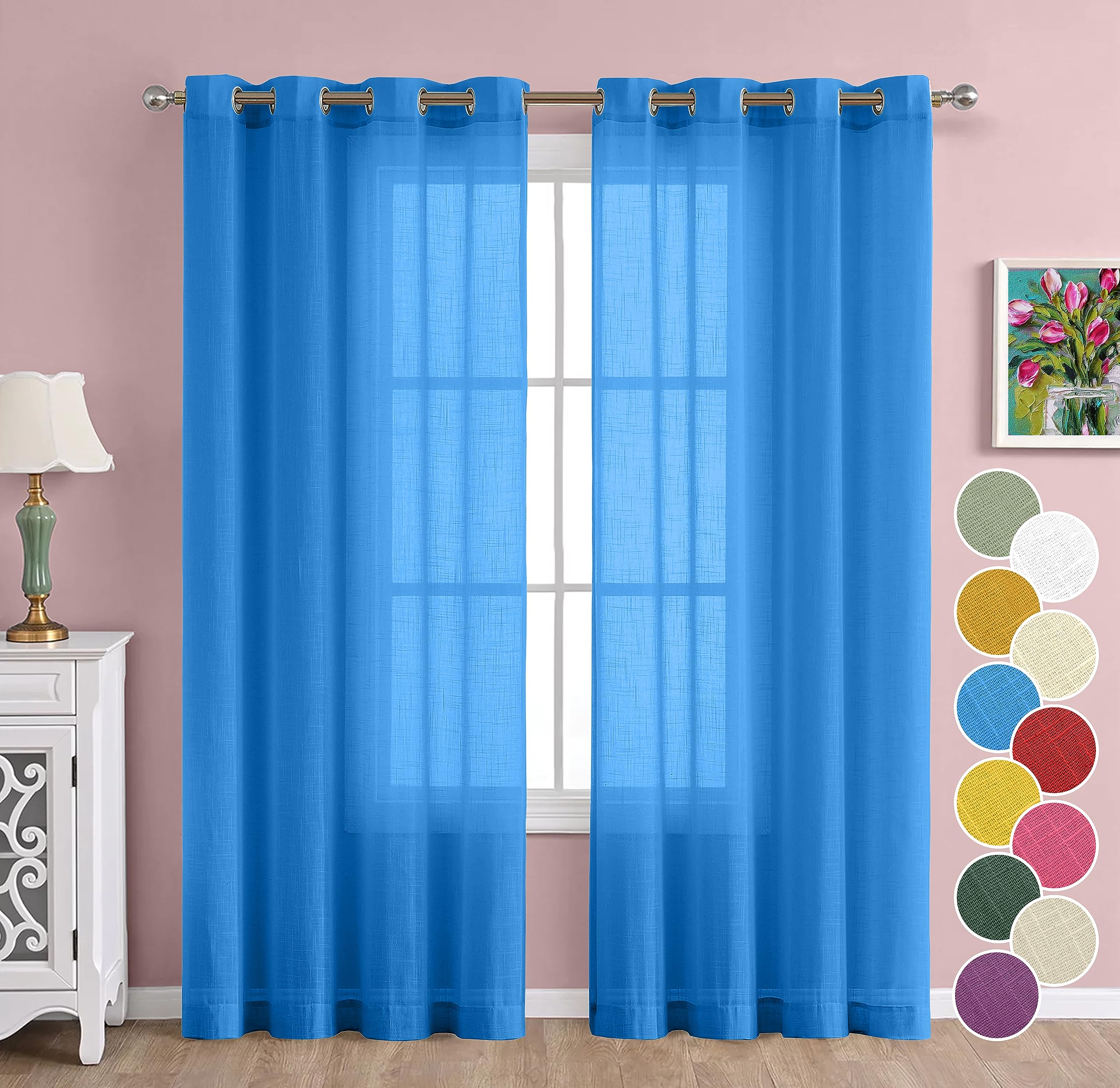 THE LINEN COMPANY Linen Textured Cotton Linen Solid Door Sheer Curtain with Steel Eyelet Rings, 4.5ft x 7ft, Blue, Set of 2
