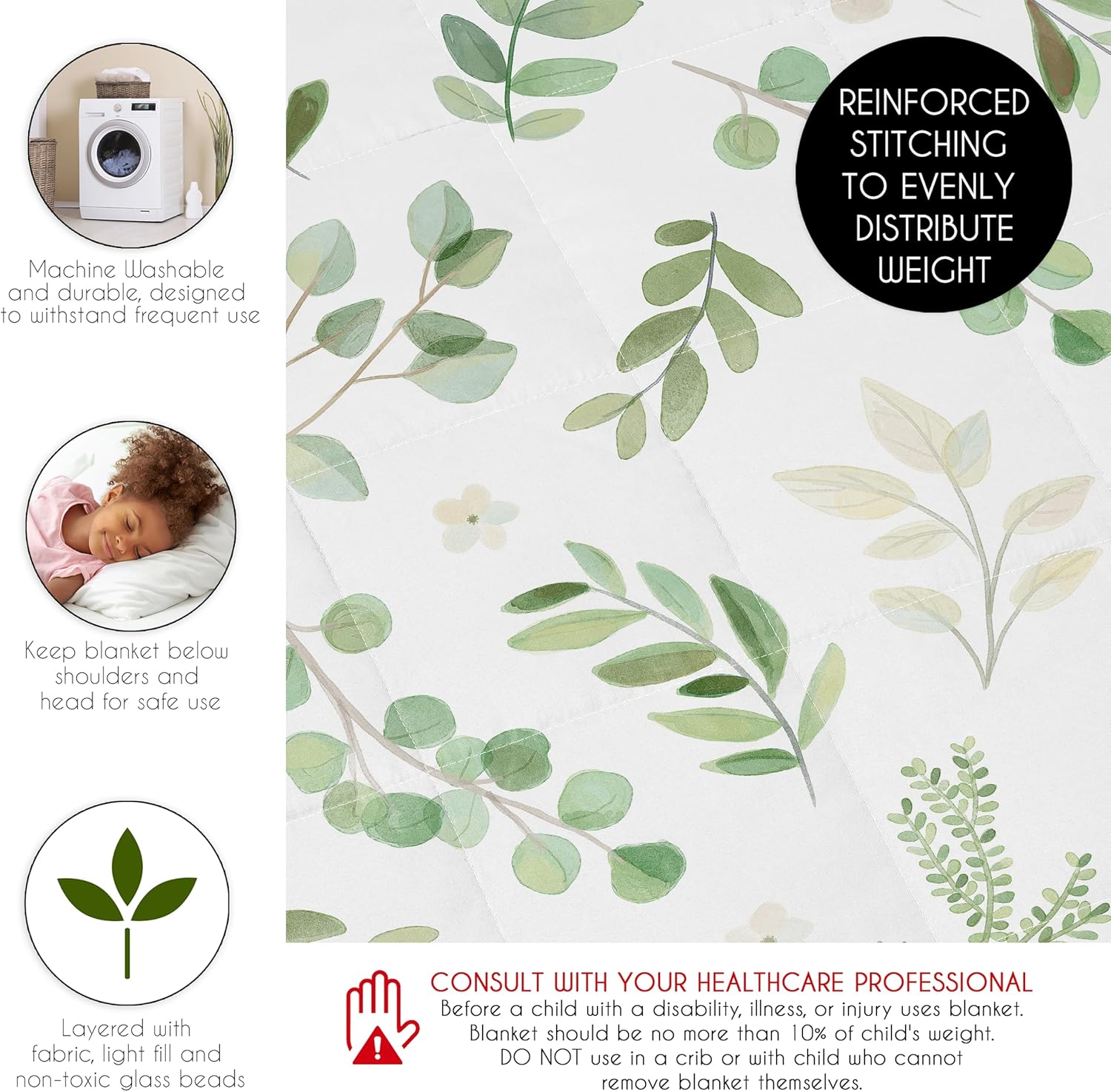 Sweet Jojo Designs Green Boho Floral Leaf Boy Girl Unisex Gender Neutral Weighted Blanket Kids Toddler Size Small Throw Lap Pad Washable 5 pounds Bohemian Watercolor Botanical Woodland Tropical Nature