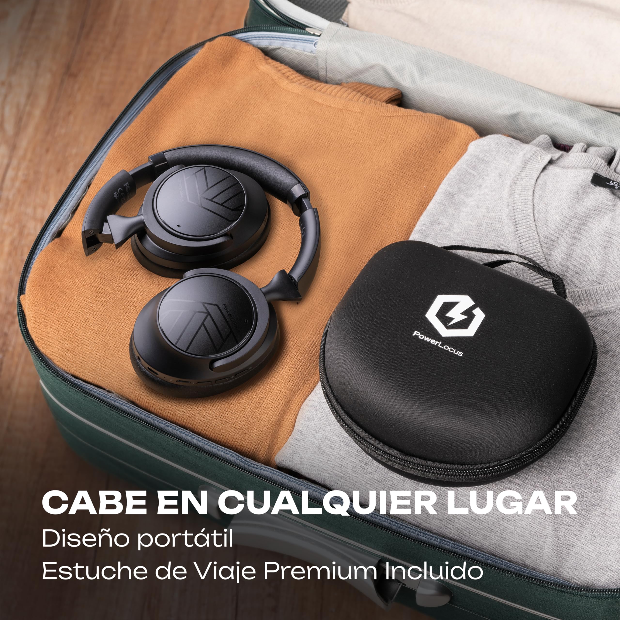 PowerLocus Cascos Inalambricos Bluetooth, Auriculares Inalámbricos con Cancelación de Ruido Activa Híbridos, 70H Reproducción, Modo Transparencia, Cascos Bluetooth Estéreo HiFi con Funda (Negro)