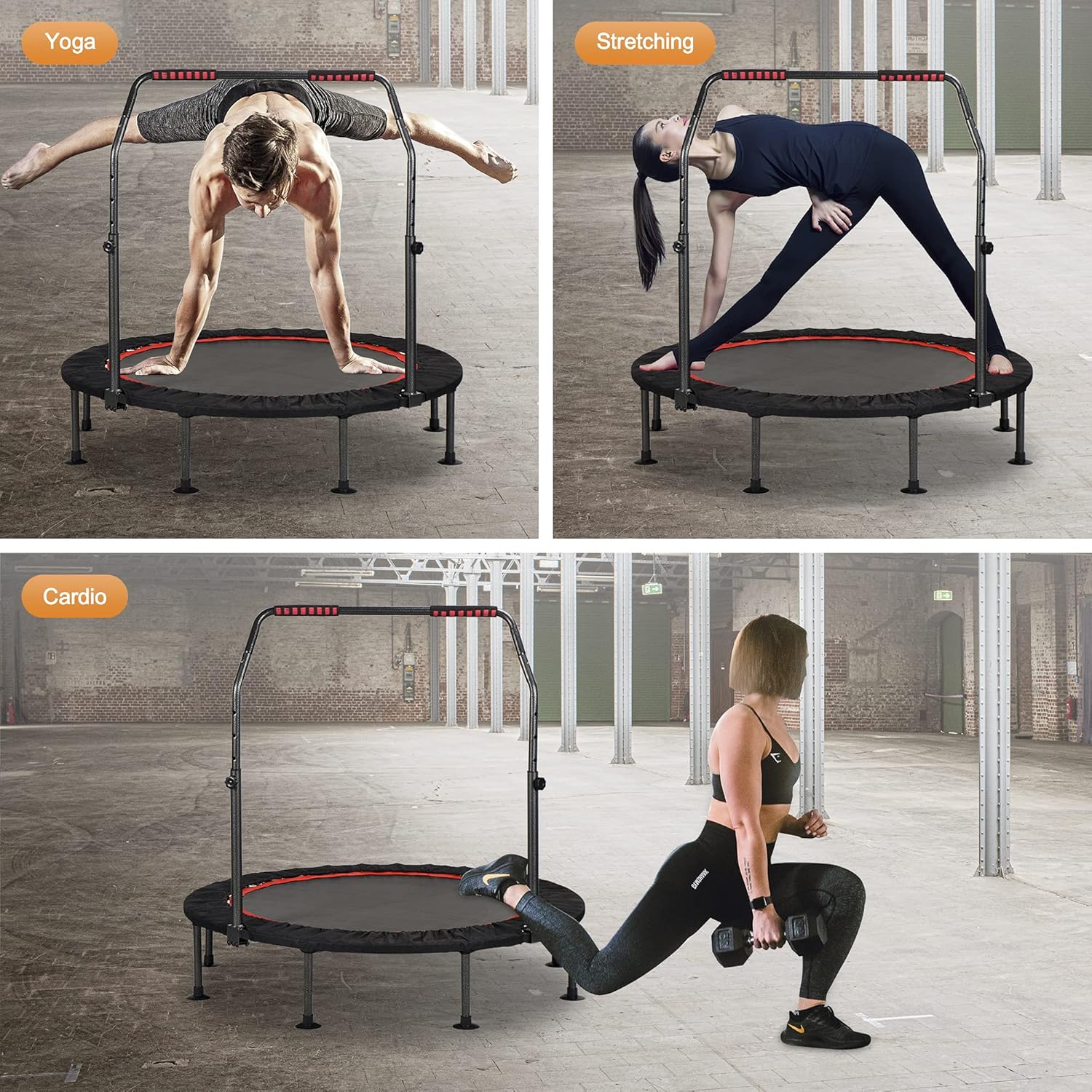 FREEDARE 48" Foldable Mini Trampoline, Indoor Trampoline for Kids, Adults Indoor/Garden Workout, Fitness Rebounder with Adjustable Foam Handle, Max Load 450 lbs : Sports & Outdoors