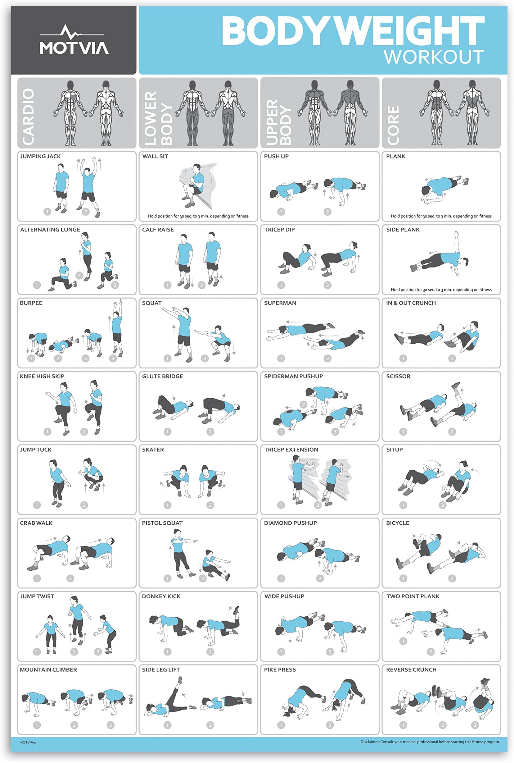 Motvia Home Gym Fitness Workout Exercise Poster, No Equipment Necessary