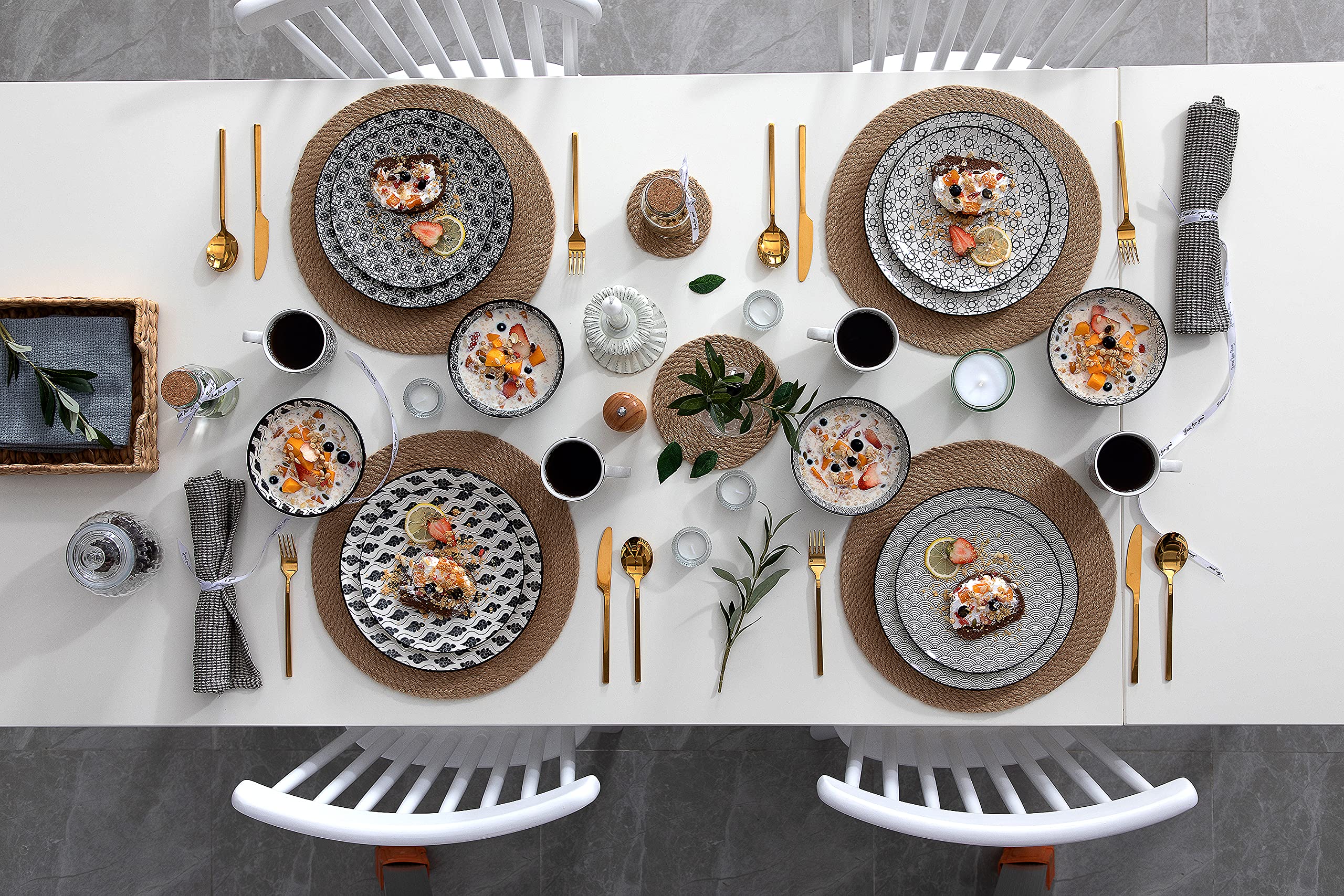 vancasso Haruka Vajilla de Porcelana Pintada a Mano Estilo Japonés Juego de Vajilla de 20 piezas con Taza desayuno, Tazon, Plato, Plato de Postre, para 4 Personas