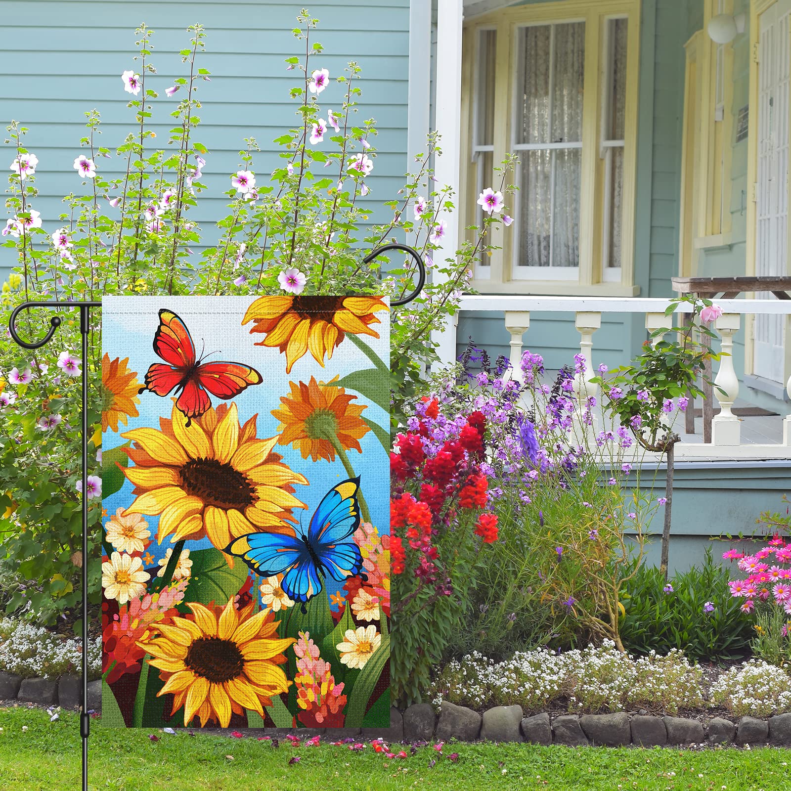Willkommen Sommer Frühling Blumen Gartenflagge 30.5x45.7 cm, doppelseitig, Jute, kleine vertikale Sonnenblume, Gartenflaggen für saisonale Außen- und Außenbereich, Hausdekoration (nur Flagge)