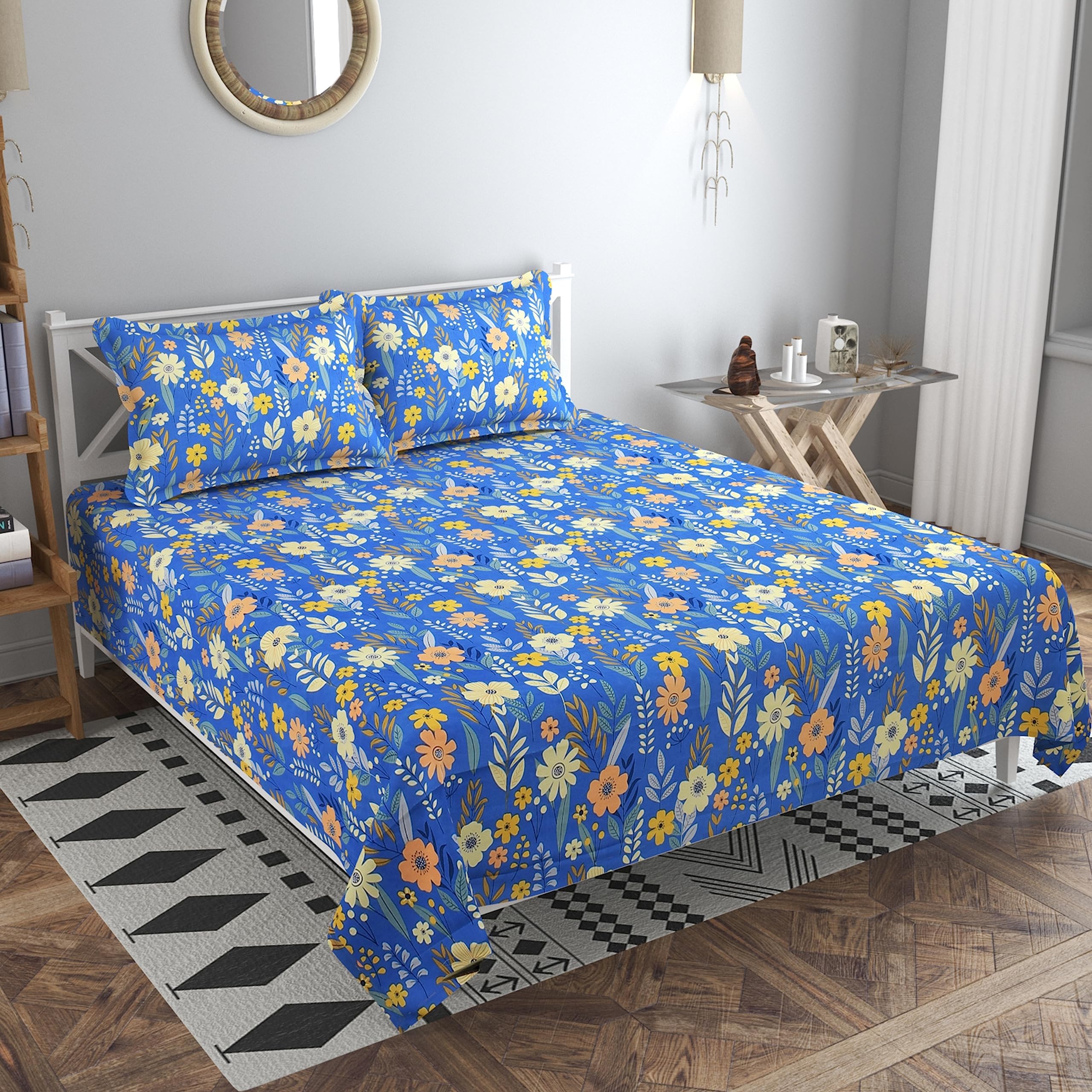 BSB HOME Kingston Collection Ultra King Size Bedsheets with 2 King Size Pillow Covers|Luxury Soft Sheets,Breathable,Shrinkage (3Pcs Set|108X108 Inches -Blue & White,Cotton) - Kingston Premimum,160 Tc