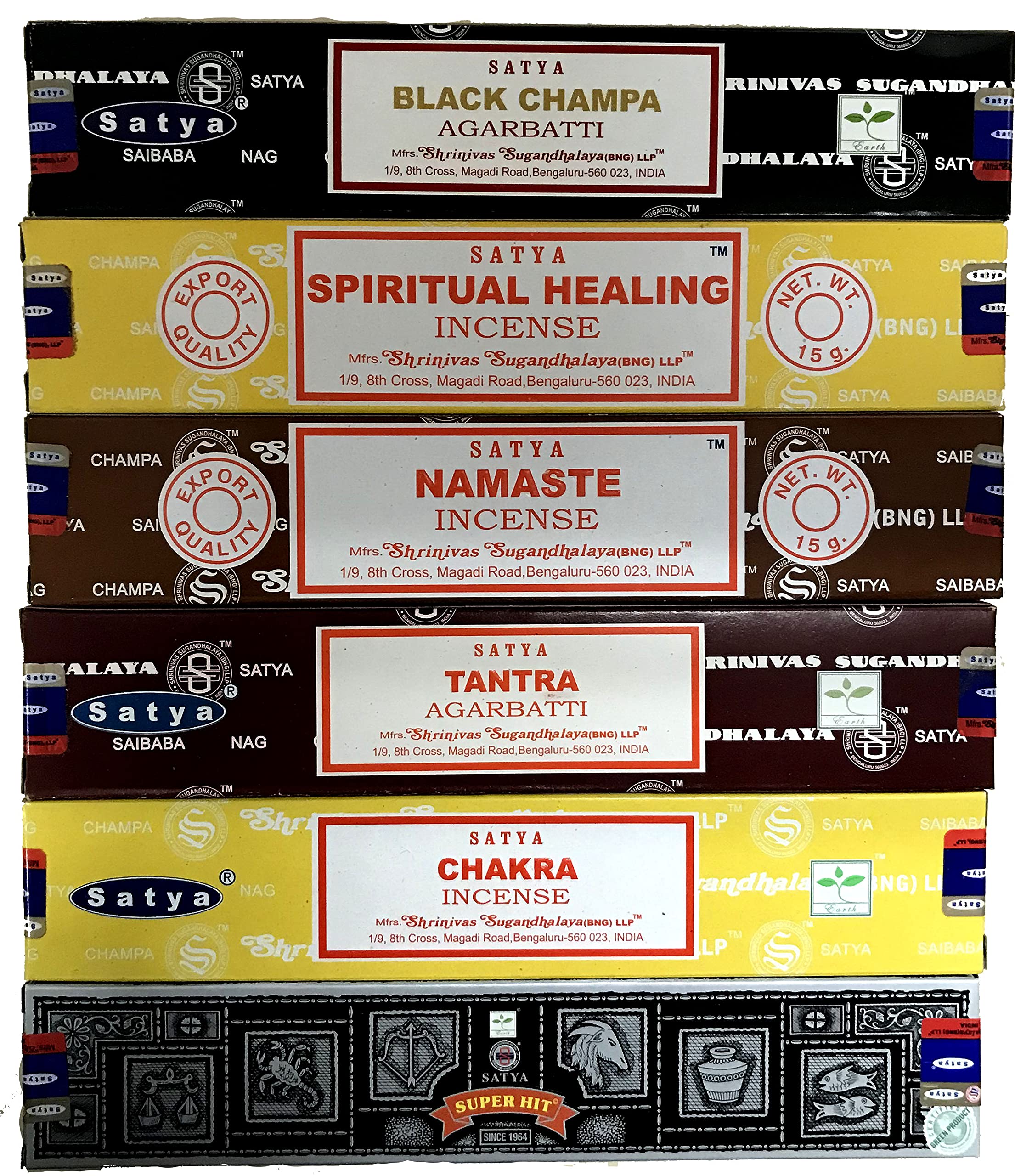 SatyaNag Champa Incense Stick Packs - Assorted Fragrances - Hand Rolled & Non-Toxic - Perfect for Meditation and Relaxation - Home Fragrance Gift Pack - 15g, Set of 6 Aromas (Spiritual Pack)