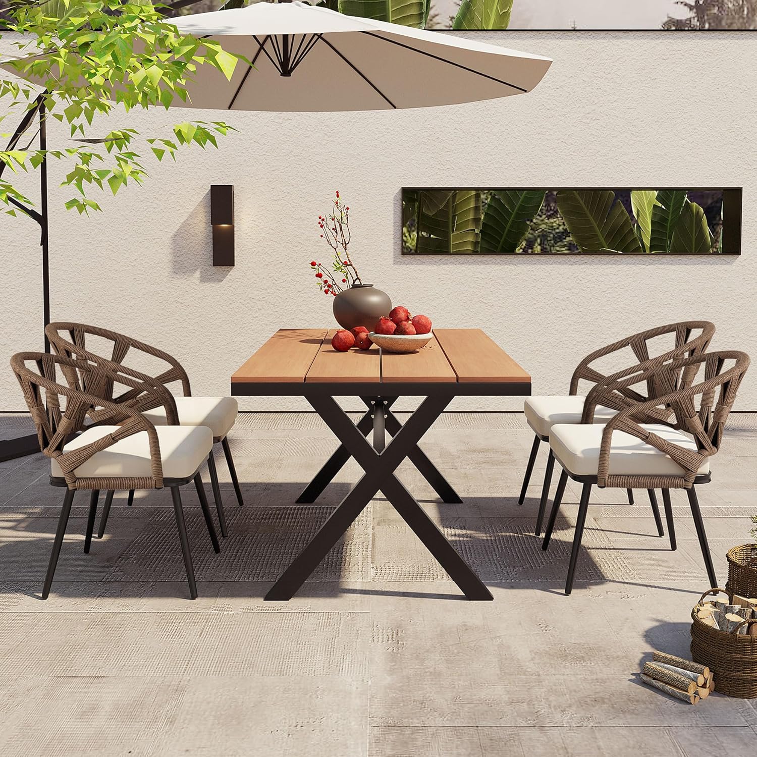 Contemporary Outdoor Set with PE Rattan Chairs and Plastic Wood Table,Suitable for Gardens and Lawns (Brown)