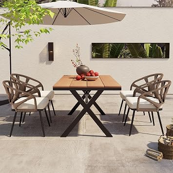Contemporary Outdoor Set with PE Rattan Chairs and Plastic Wood Table,Suitable for Gardens and Lawns Brown