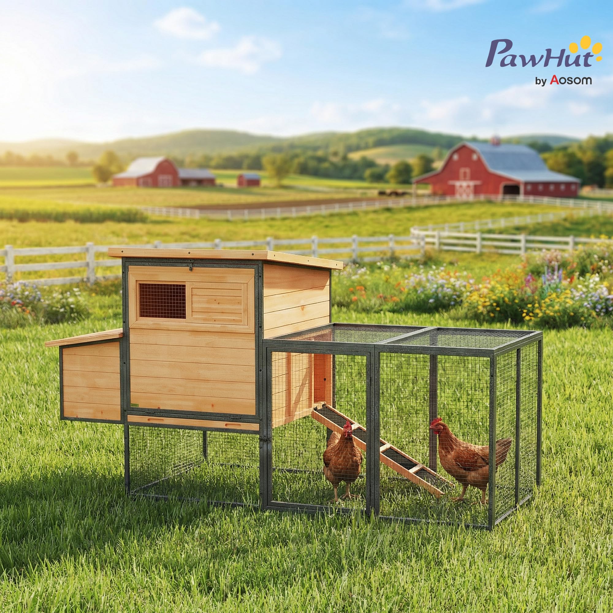 PawHut - Gallinero de madera y acero para 3-5 gallinas, gran gallinero con recinto, pondero, cajón de expulsión y techo abierto - cobertizo para gallinas de jardín al aire libre 192 x 81,5 x 104 cm