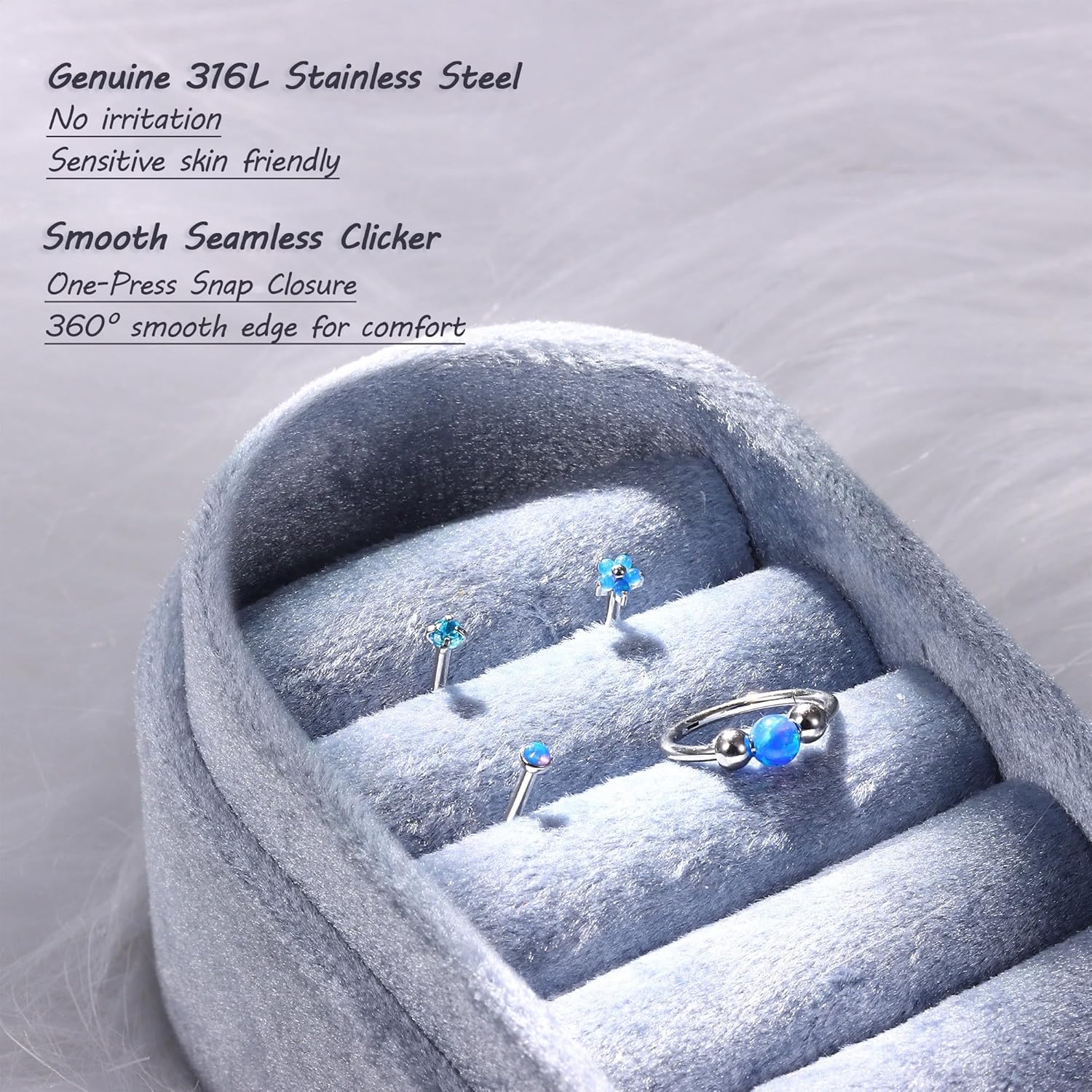 BodyBonita Opal Nose Rings for Women - 316L Surgical Steel Nose Hoops Piercing 20G 18G 16G Septum Rings L Shaped Nose Studs Jewelry Cartilage Conch Daith Helix Tragus Earrings 8/9/10mm 4Pcs 4Pcs - Image 4