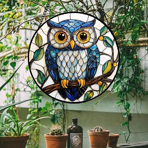 Miniatura 88 de Vidriera Colgante para Ventana, Colorido Árbol de la Vida Atrapasoles Panel de Vidrio Azul Decoración Atrapasol para Cumpleaños para Mujeres