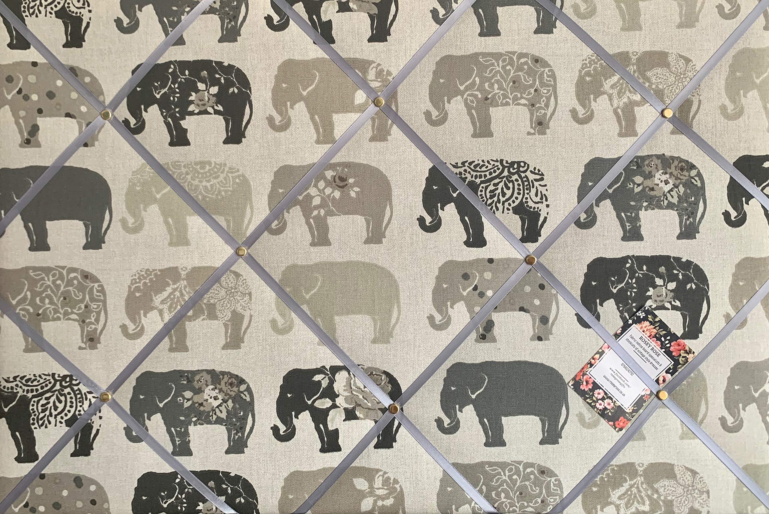 Custom Handmade Bespoke Fabric Pin/Memo/Notice/Photo Cork Memo Board With Clarke & Clarke Elephant/Elephants Natural With Your Choice of Sizes & Ribbons