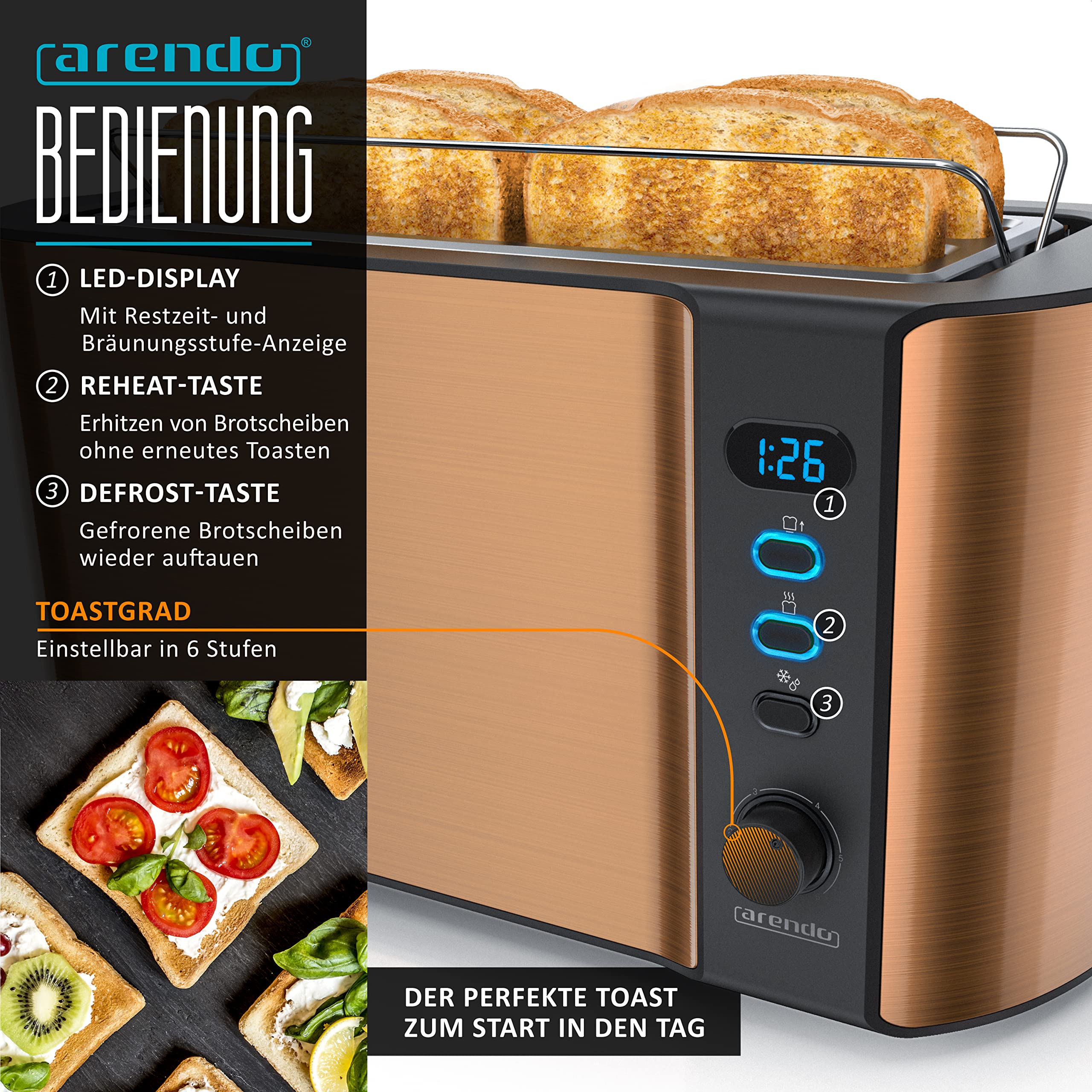 Arendo Wasserkocher Toaster SET Edelstahl Kupfer 1,5L 40-100°C Warmhaltefunktion 4 Scheiben Display 6 Bräunungsgrade