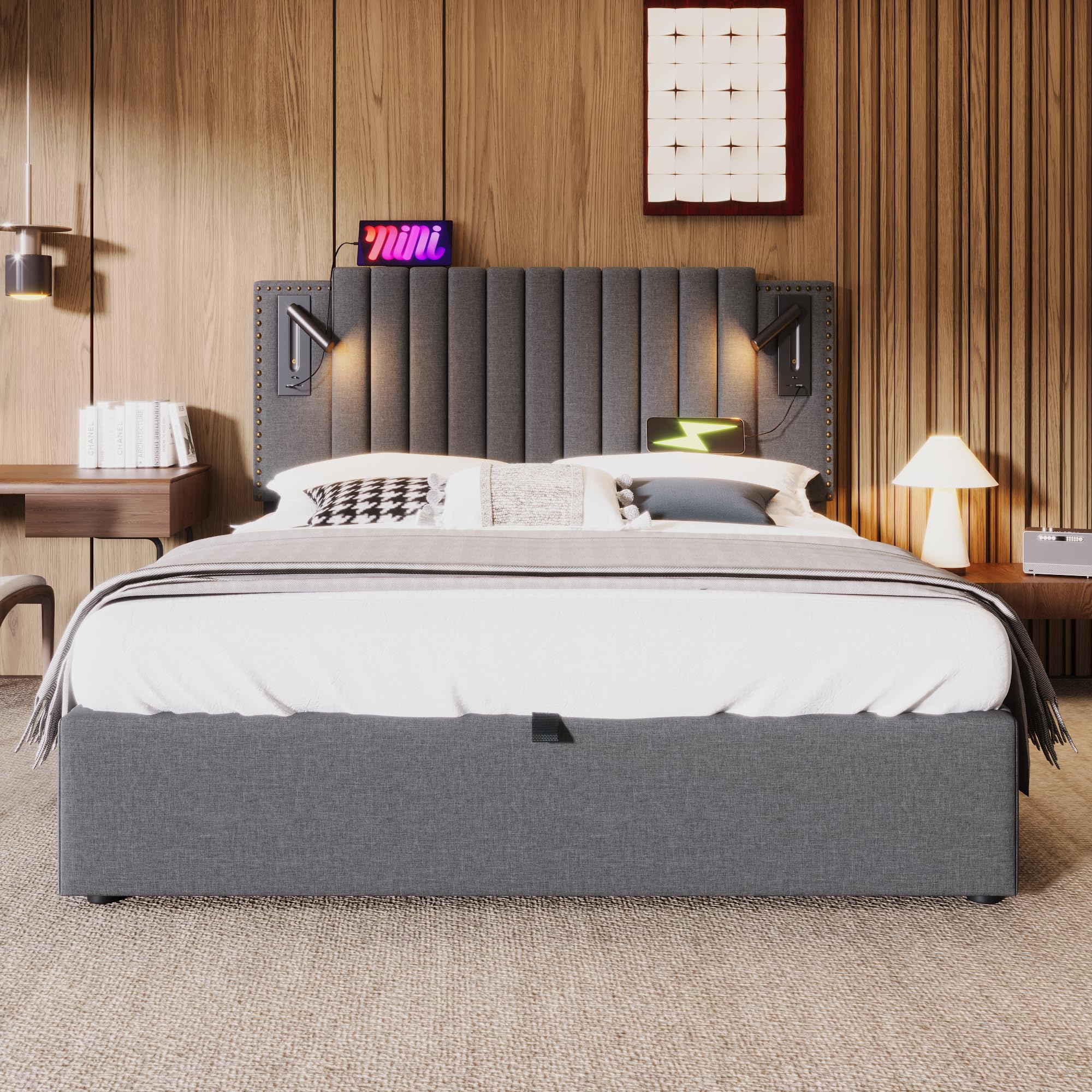 Kayan Polsterbett 180x200cm, Boxspringbett mit hydraulisches Bettkasten, Bett mit Lattenrost, Leselicht mit USB Ladefunktion Kopfteil, Stauraumbett Doppelbett Jugendbett (Grau, 180x200cm)