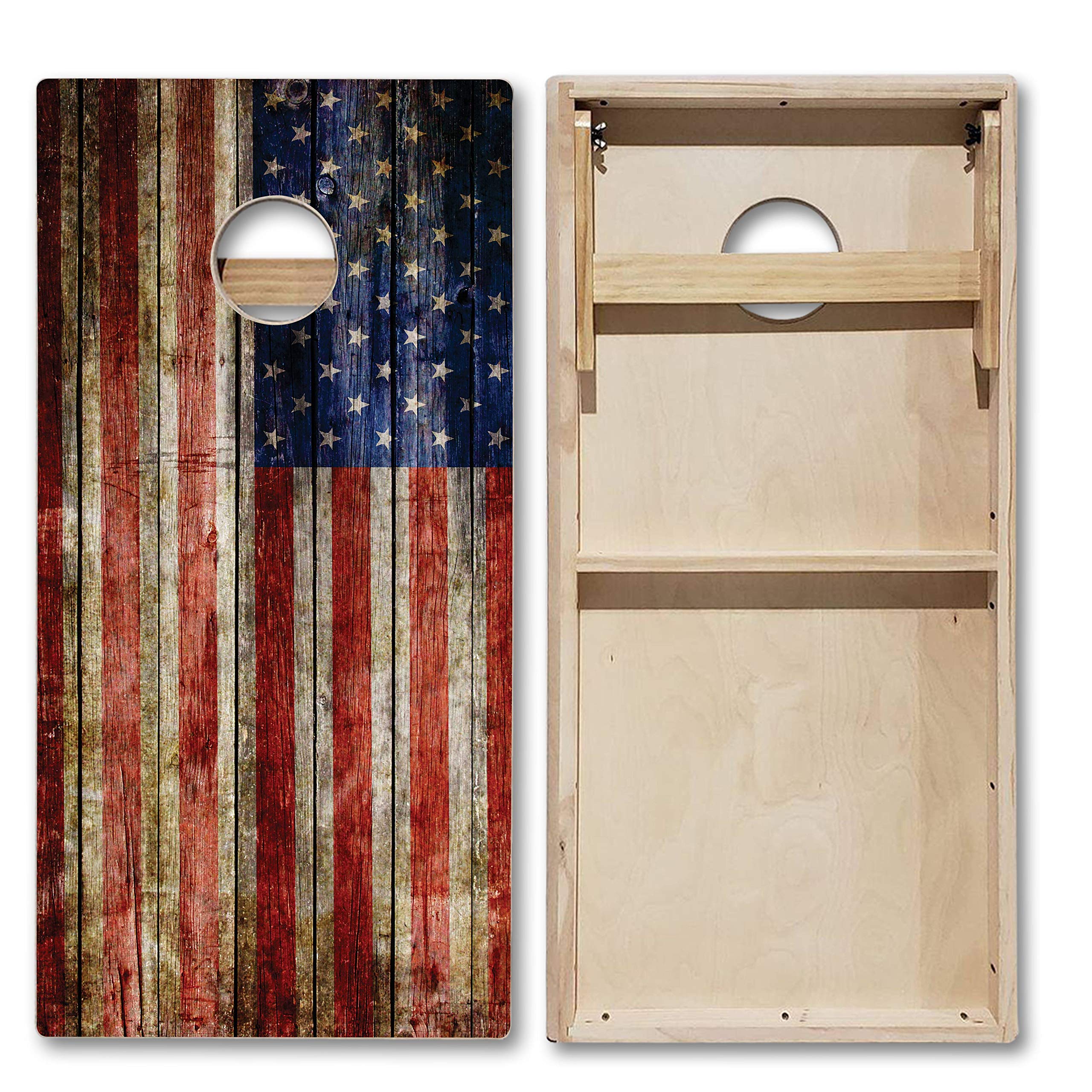 Tailgating Pros Tournament Grade Cornhole Game - Includes Set of Two Professional Rustic Flag 4'x2' Regulation Baltic Birch Cornhole Boards, Carrying Case, and 8 Cornhole Bags – Optional LED Lights!