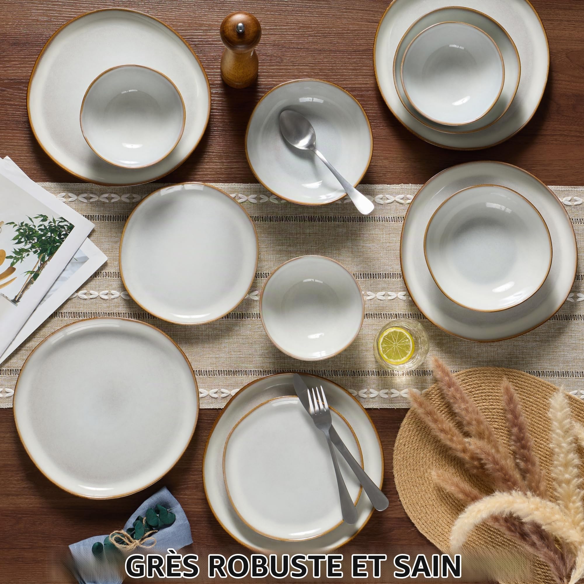 Joyfair Service de table 6 personnes, set de 24 pièces en grès, vaisselle ronde irrégulière avec assiettes, assiettes à dessert, bols à céréales, résistants au micro-ondes et au lave-vaisselle, blanc