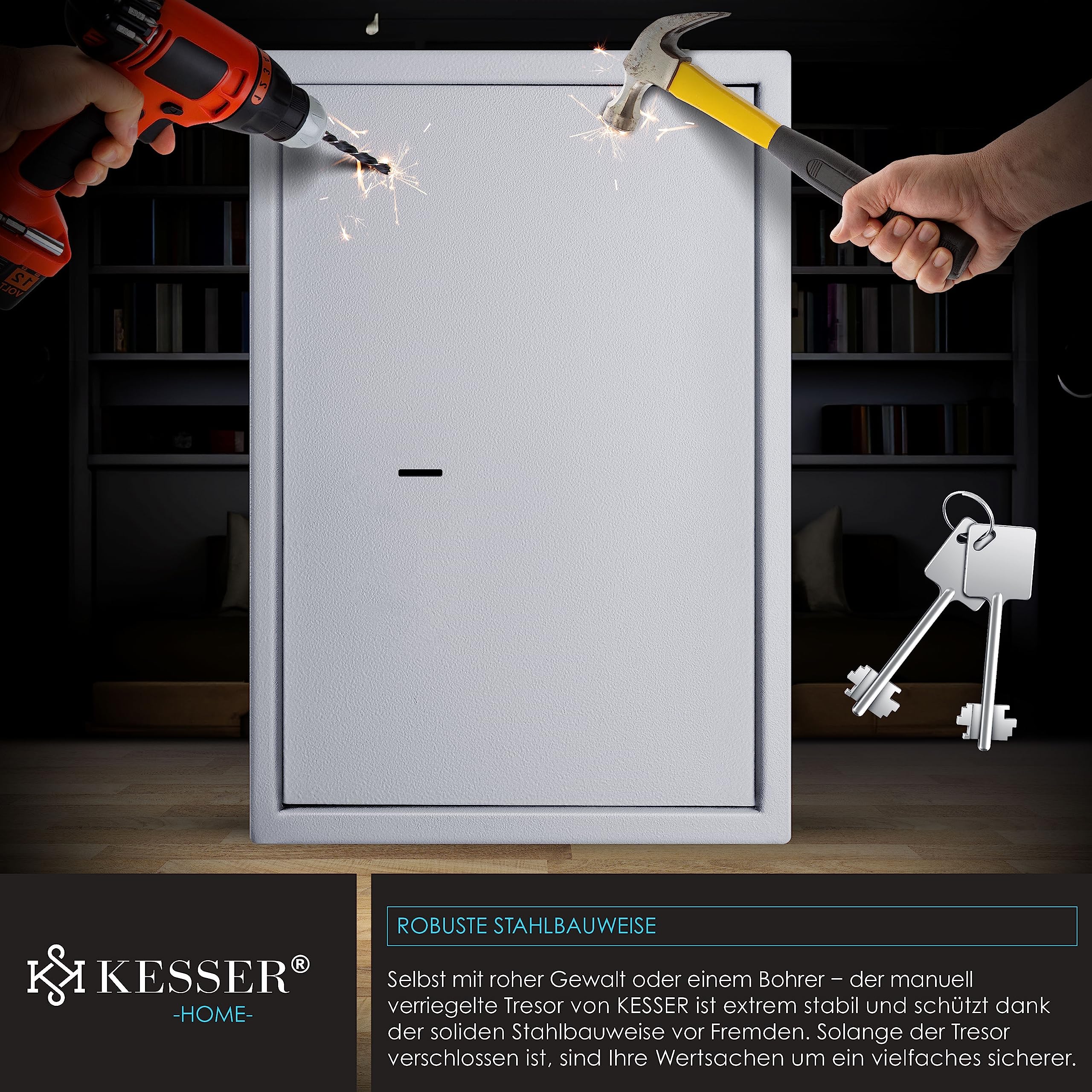 KESSER® Cassaforte per mobili con doppia serratura, cassaforte da parete, cassaforte da parete, 50 x 35 x 31 cm, con 2 chiavi e viti di fissaggio, argento