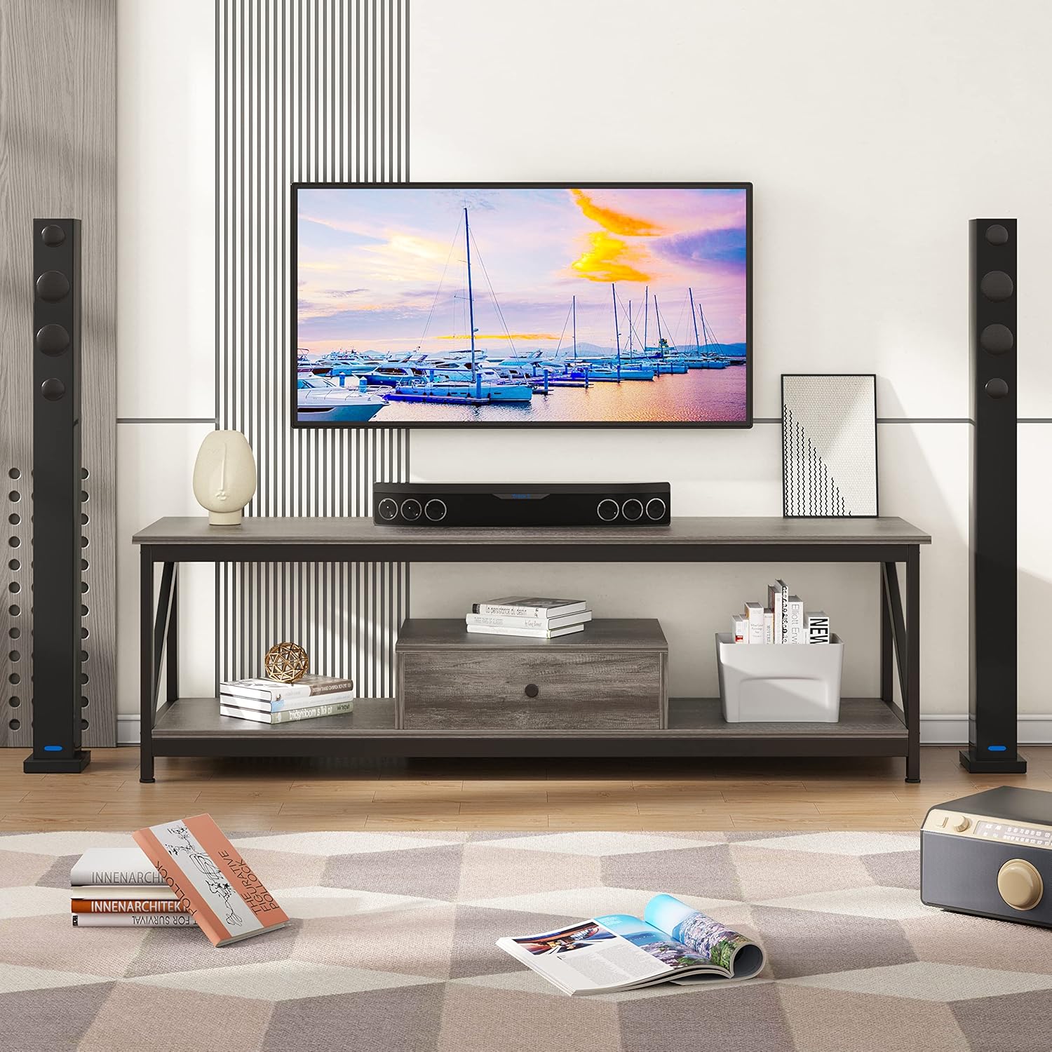 VERMESS TV stand in a living room setting with a TV, soundbar, and tall speakers