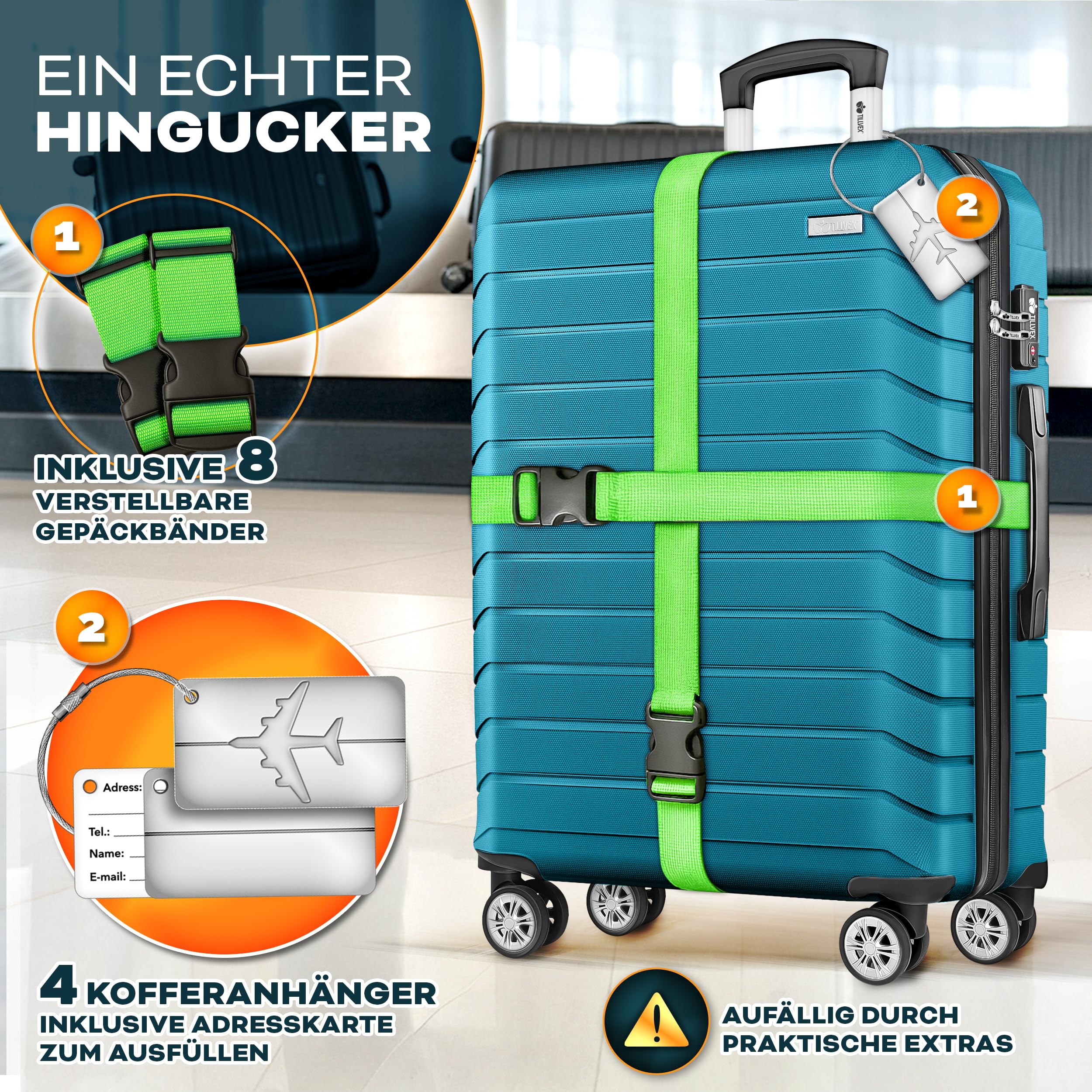 tillvex® Reisekoffer Set 4-teilig + Gepäckwaage, 4X Koffergurte & 4X Kofferanhänger | Kofferset 4 Rollen | Trolley Gepäck Koffer TSA Schloss | Hartschalenkofferset S-M-L-XL