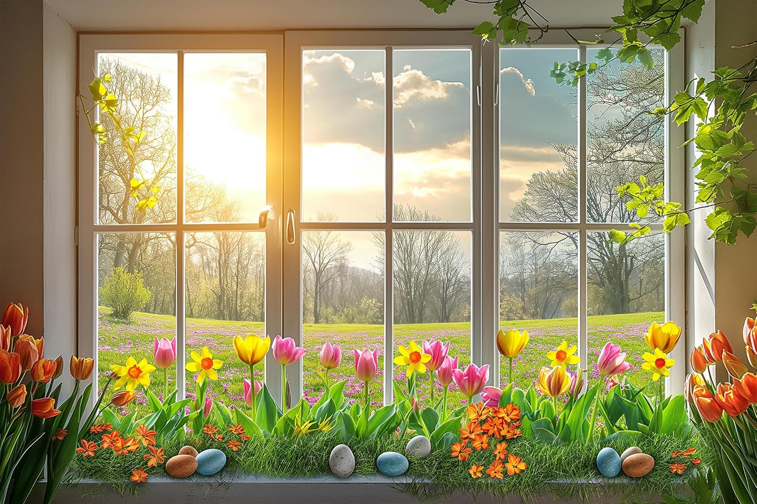 WOOHOOROO Fake Window Wall Stickers Sunny Garden View with Tulip Flower Meadow Peel and Stick Decal Removable Mural for Interior Room Decoration Bedroom Apartment Home Decor,32x48/2PCS