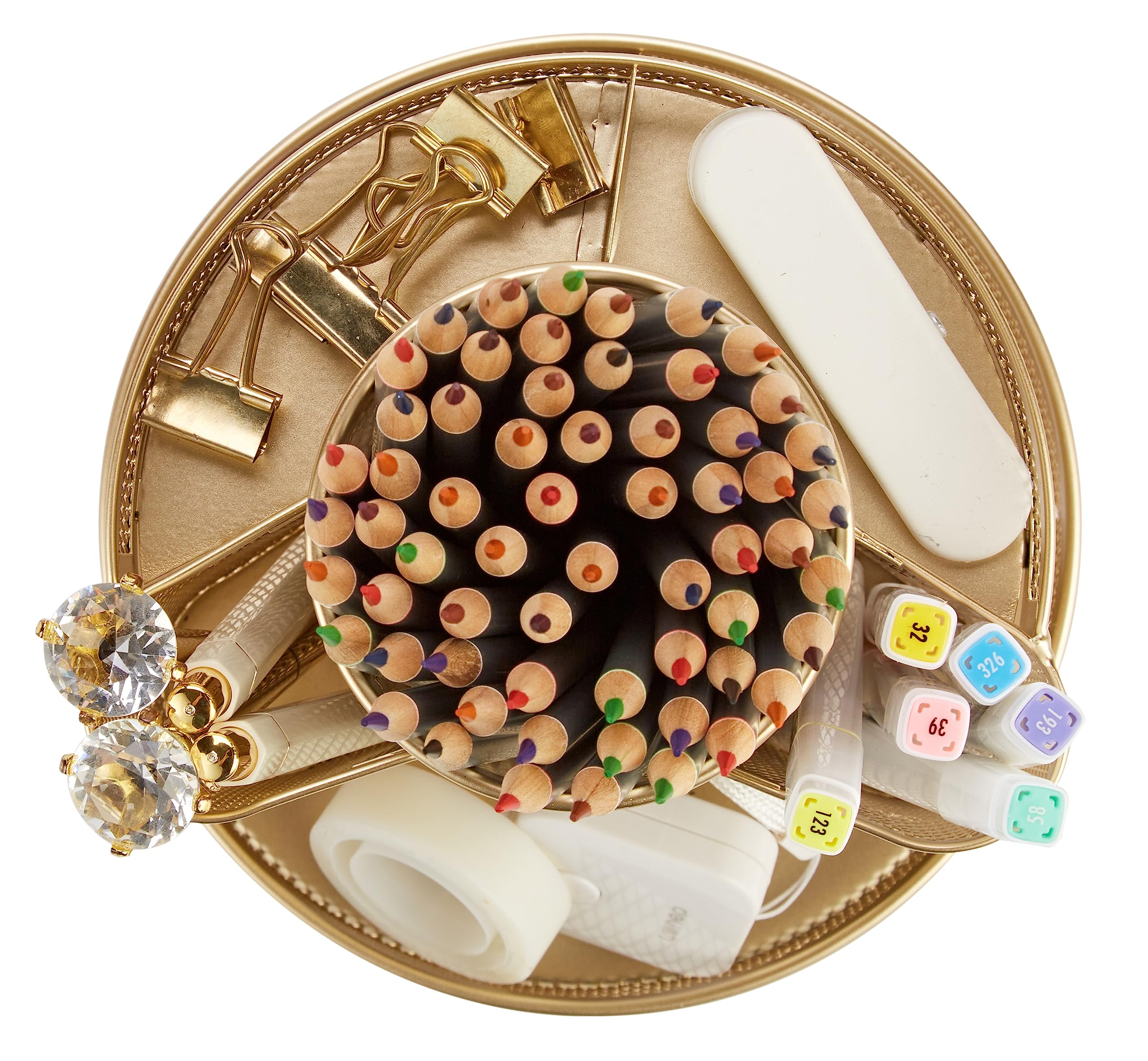 Annova Organiseur de bureau rotatif en maille avec 5 compartiments ronds pour bonbons/stylos, accessoires de bureau, fournitures artistiques, rangement, salle de classe, maison (Gold)
