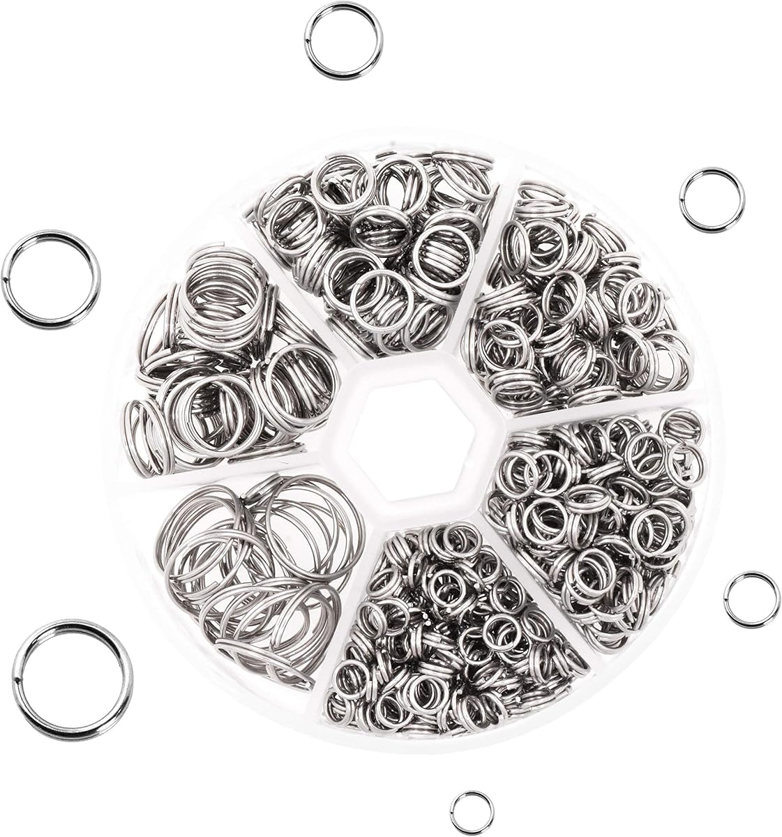 Mandala Crafts Surtido de anillos dobles para hacer joyas de acero inoxidable | 600 anillos pequeños para manualidades, pendientes, dijes, etiquetas, candelabros, llaveros divididos con contenedor de almacenamiento para llaveros
