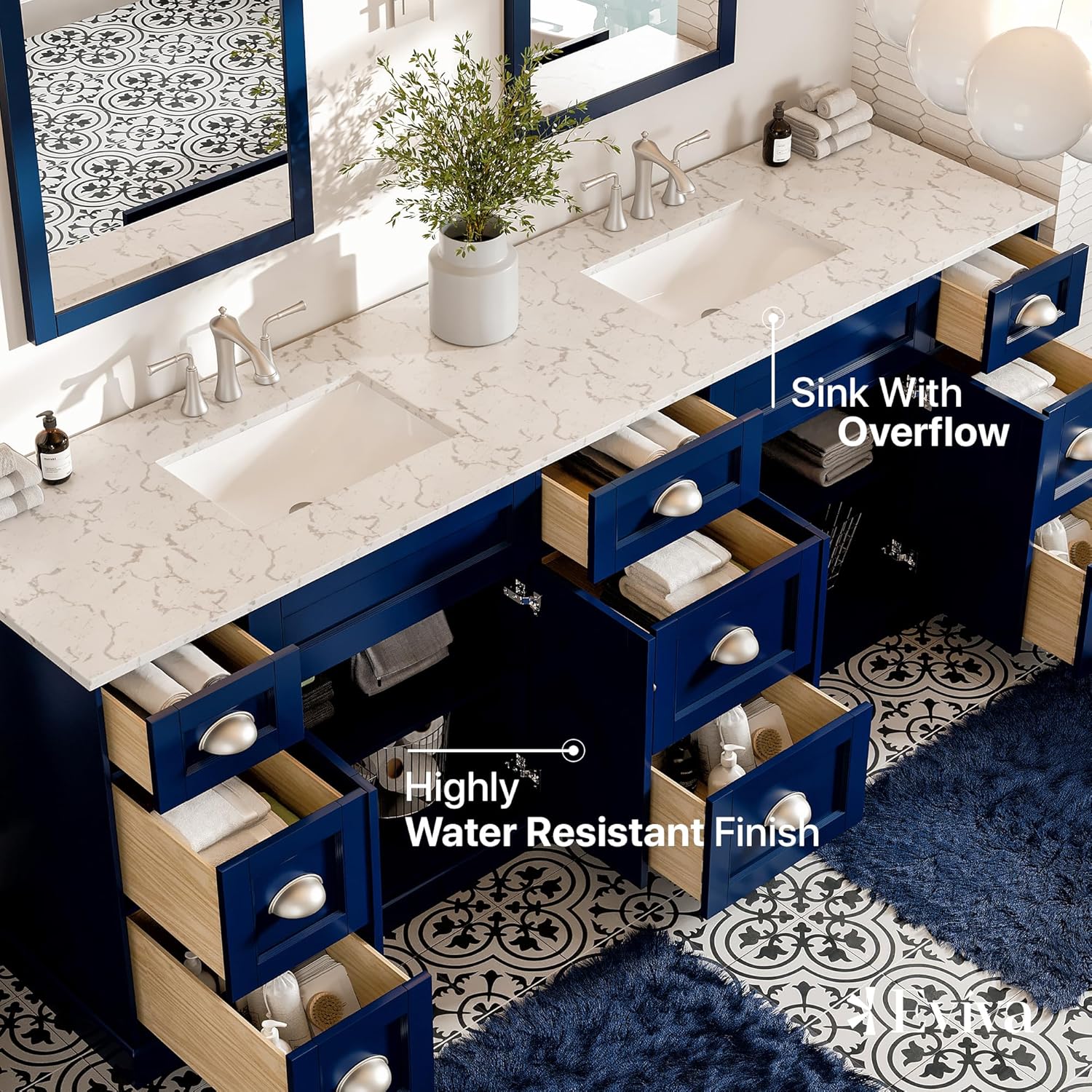 Eviva Blue Bathroom Vanity, 84 inch, Carrara Quartz Countertop - Double Sink - Soft-Closing Doors & Brushed Nickel Handles