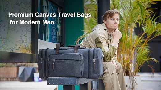 EKOROMIER Large Canvas Duffle Bag for Travel, Expandable 55L Weekender bags | Features Luggage Trolley Sleeve, Multi-Pockets for Traveling, Overnight Airplane Carry-On Bag for Men & Women