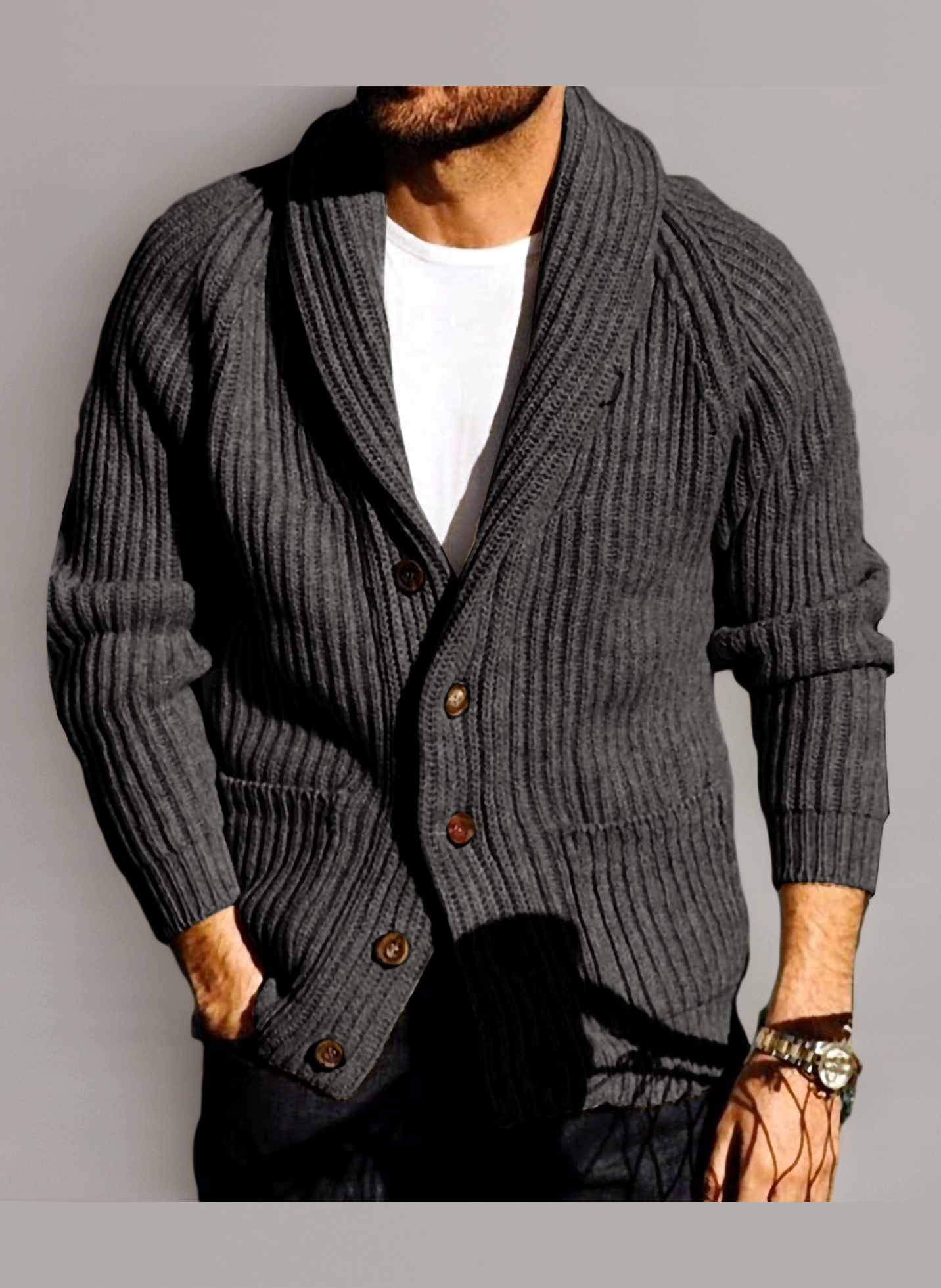 – Mens Cardigan Knitted Chunky Jacket Shawl Collar Cable Knit Loose V Neck Knitwear Outerwear