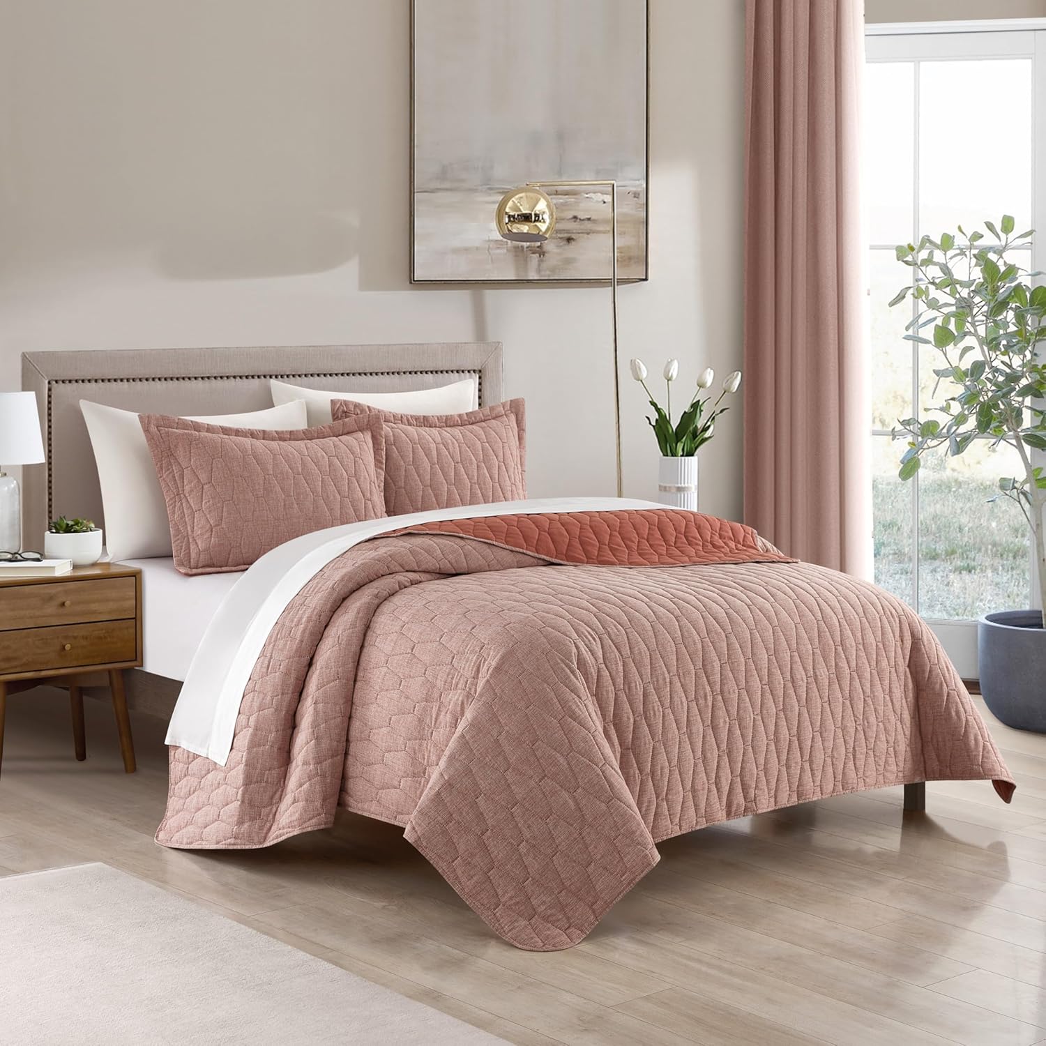 Chic Home Nyla 3 Piece King Size Quilt Set - Contemporary Geometric Hexagon Pattern Bedspread Coverlet with 2 Pillow Shams, Brick Red