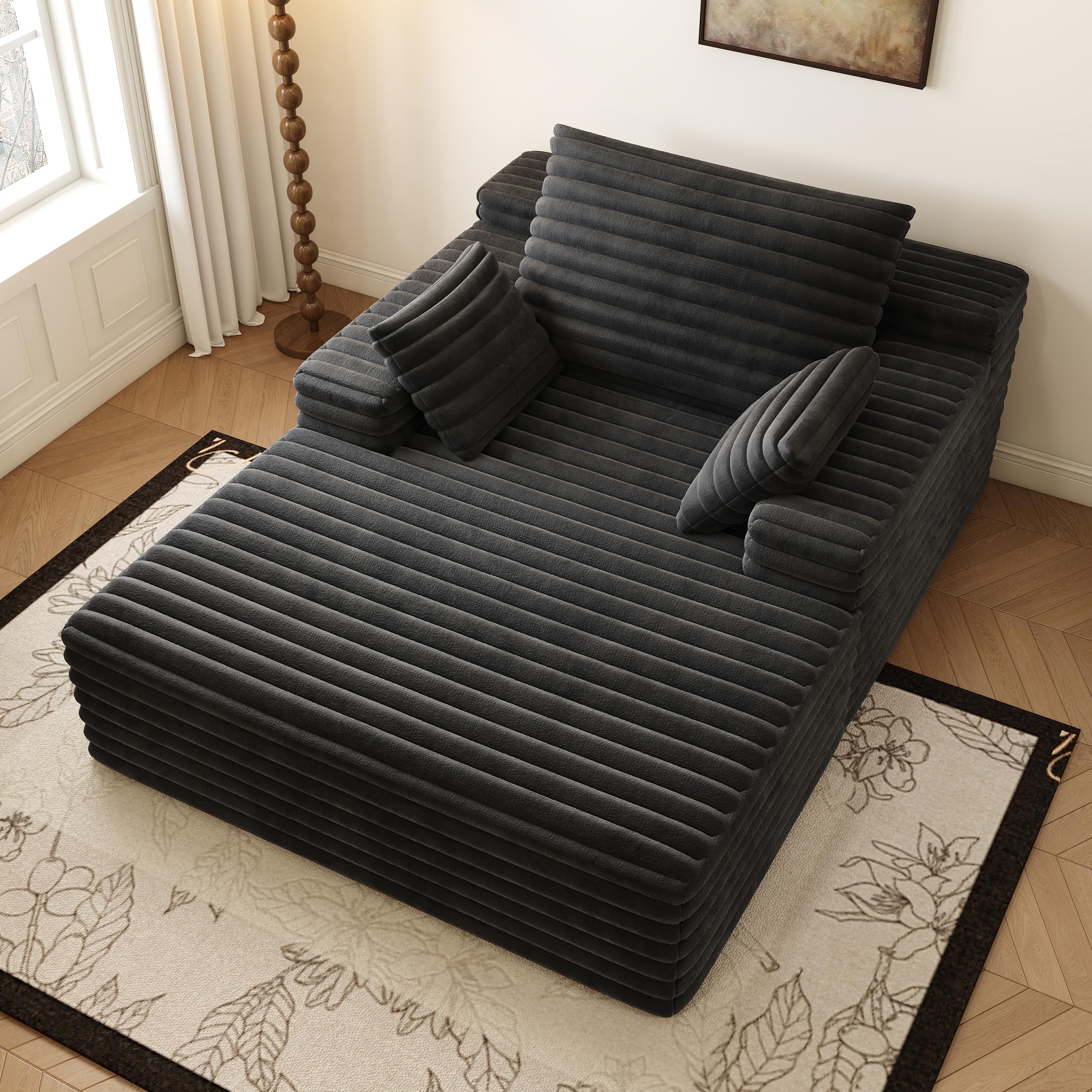 Oversized Chaise Lounge Chair Indoor,51"W Upholstered Sofa Bed,No Assembly Required,Fluffy Plush Modern Single Sleeper Couch Reading Chairs Corduroy Cloud Sofas Couches for Living Room, Bedroom,Black