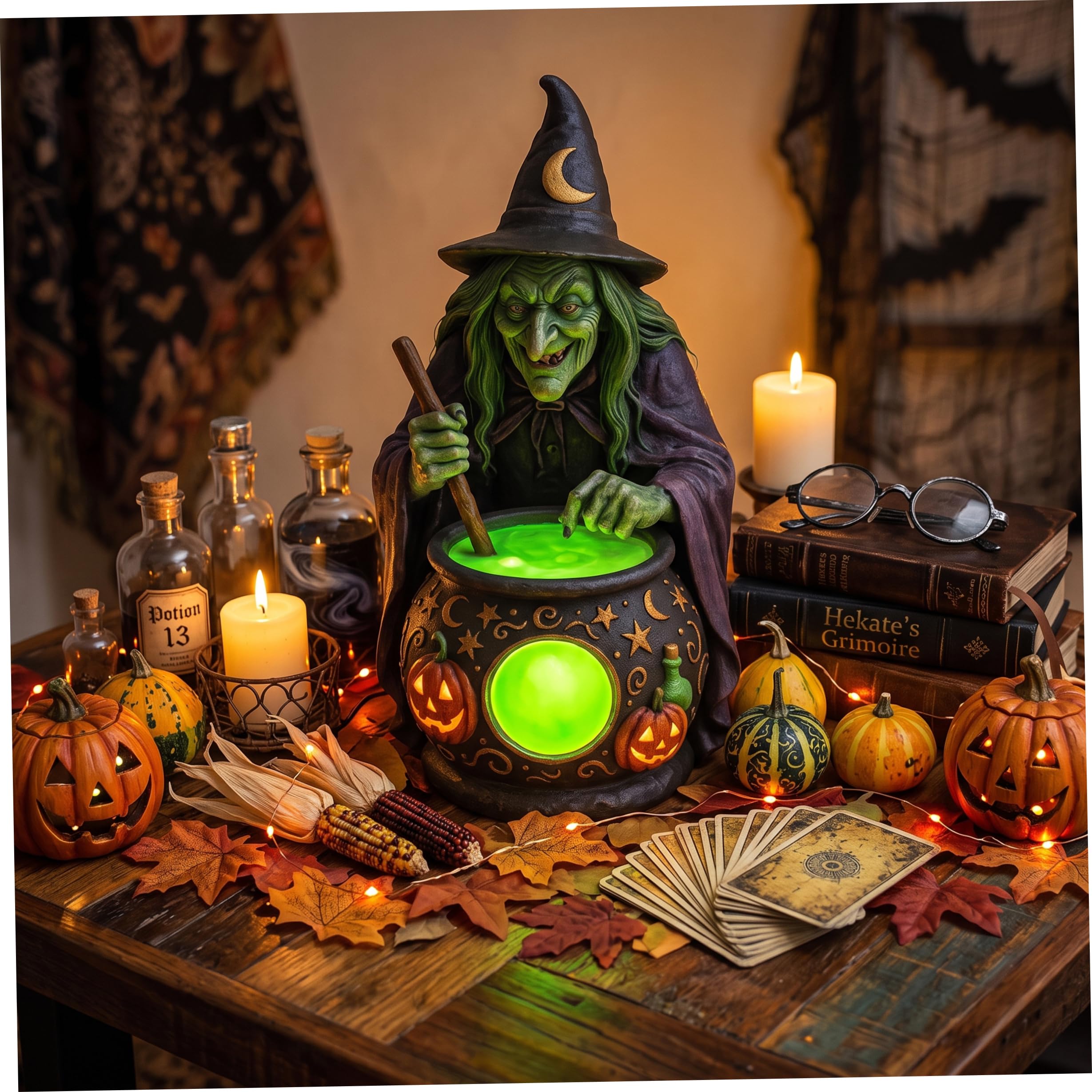 Lampada da strega di Halloween, strega di Halloween con calderone, decorazione a doppia funzione e lampada da tavolo, nera