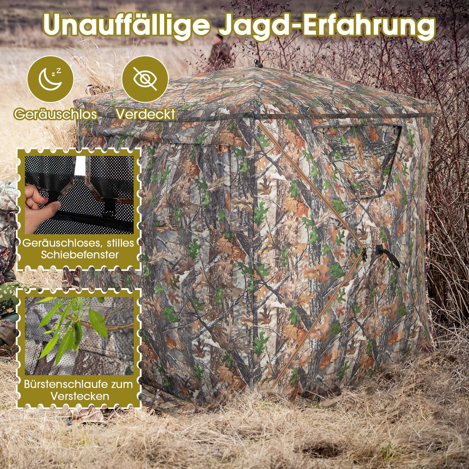 COSTWAY Einseitig durchsichtiges 270° Jagdzelt, Pop-Up-Unterstand für 2–3 Personen mit geräuschlosem Schiebefenster & Tragetasche, Jagdversteck für die Hirsch- & Truthahnjagd, Camouflage