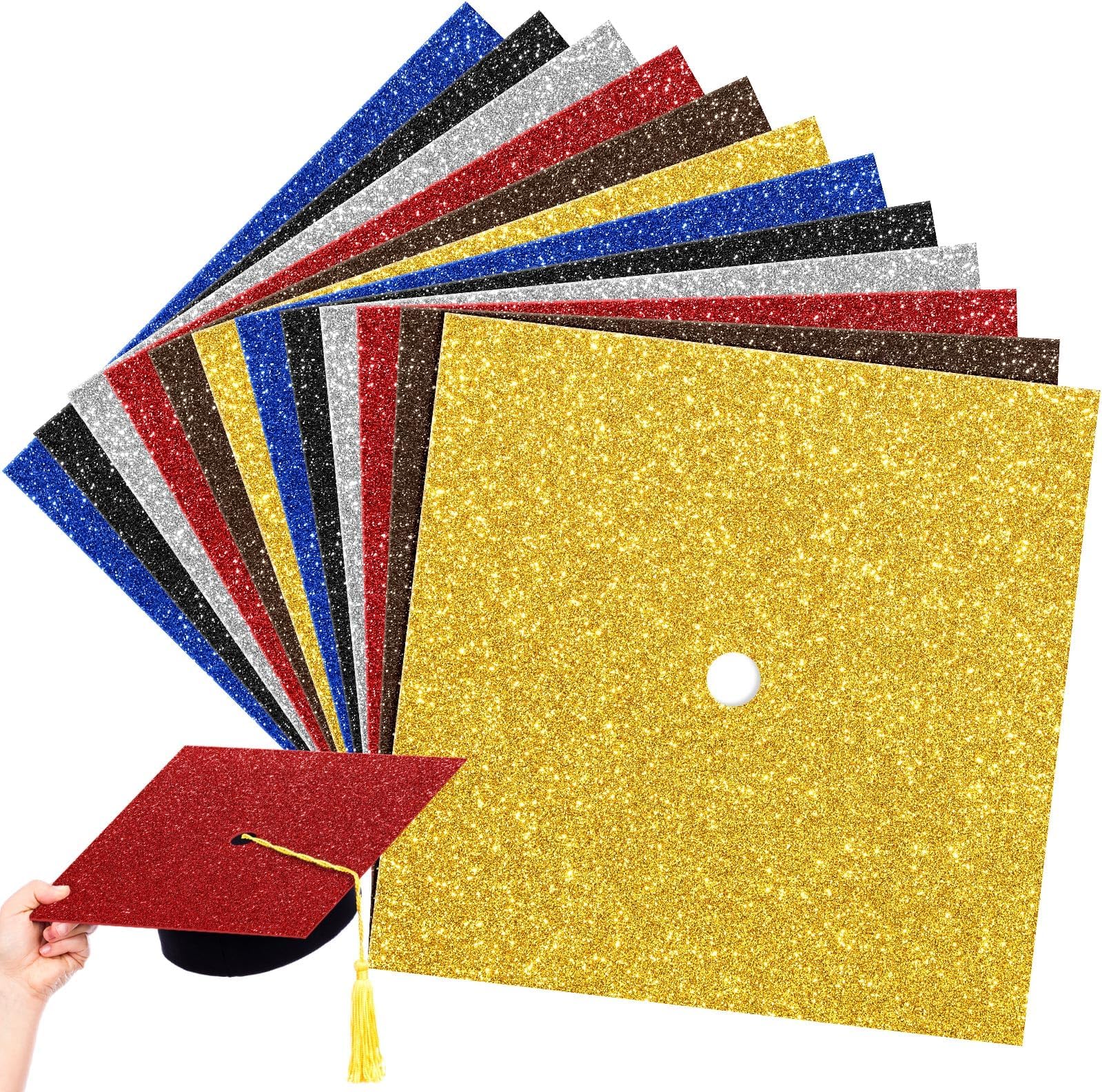 Gersoniel 12 Sheets 10 x 10 Inch Glitter Construction Paper for Graduation Cap Decoration Heavyweight Colorful Cardstock Grad Cap Cover for Graduation Hat Topper Craft DIY