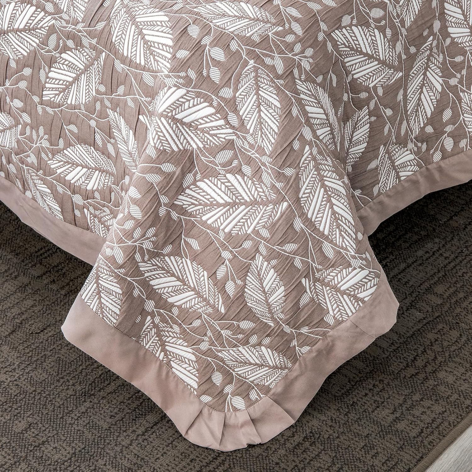Bedding Quilt Set Reversible Soft Bedspread,Natural Crepe Leaf Stylish Embroidery Matelasse Flax Color Vintage Coverlet Set with Exquisite Ruffle Corner Trim for Bedroom/Guest Room All Season,Queen