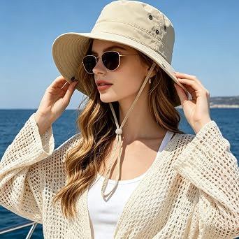 Packable Sun Hat for Women Men, Wide Brim UV Protection Safari Fishing Hat, Lightweight Breathable Nylon Outdoor Hat for Beach, Hiking & Travel, Beige