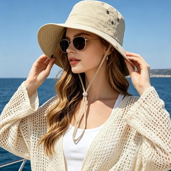 Packable Sun Hat for Women Men, Wide Brim UV Protection Safari Fishing Hat, Lightweight Breathable Nylon Outdoor Hat for Beach, Hiking & Travel, Beige