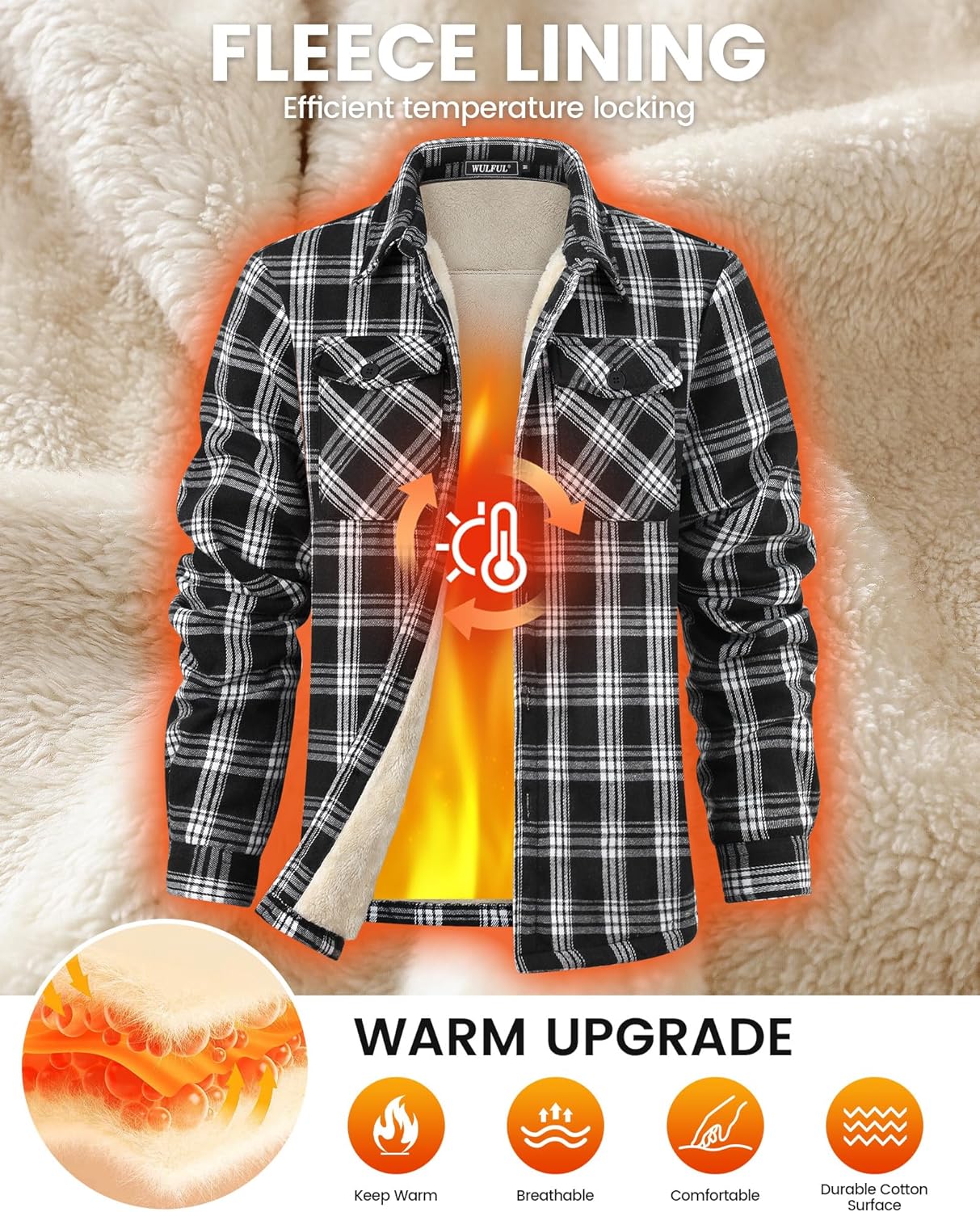 WULFUL Men's Flannel Fleece Jackets Sherpa Lined Shirt Jacket Plaid Jackets Shacket Winter Outerwear Warm - Image 4