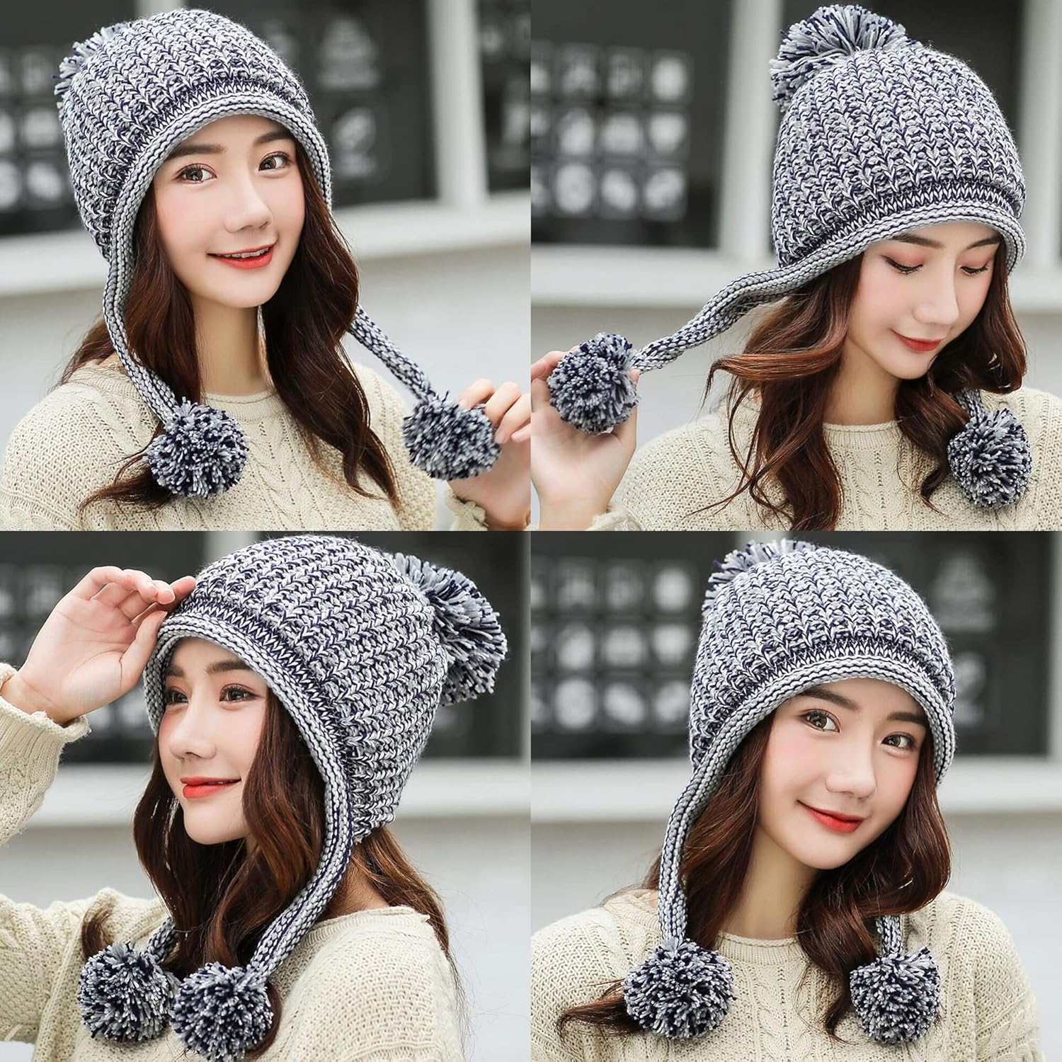 Women Winter Peruvian Cover Ears Beanie Hat Ear Flaps Sherpa Ski Snow Hats Knit Fleece Lined 3 Pom Pom - Image 6