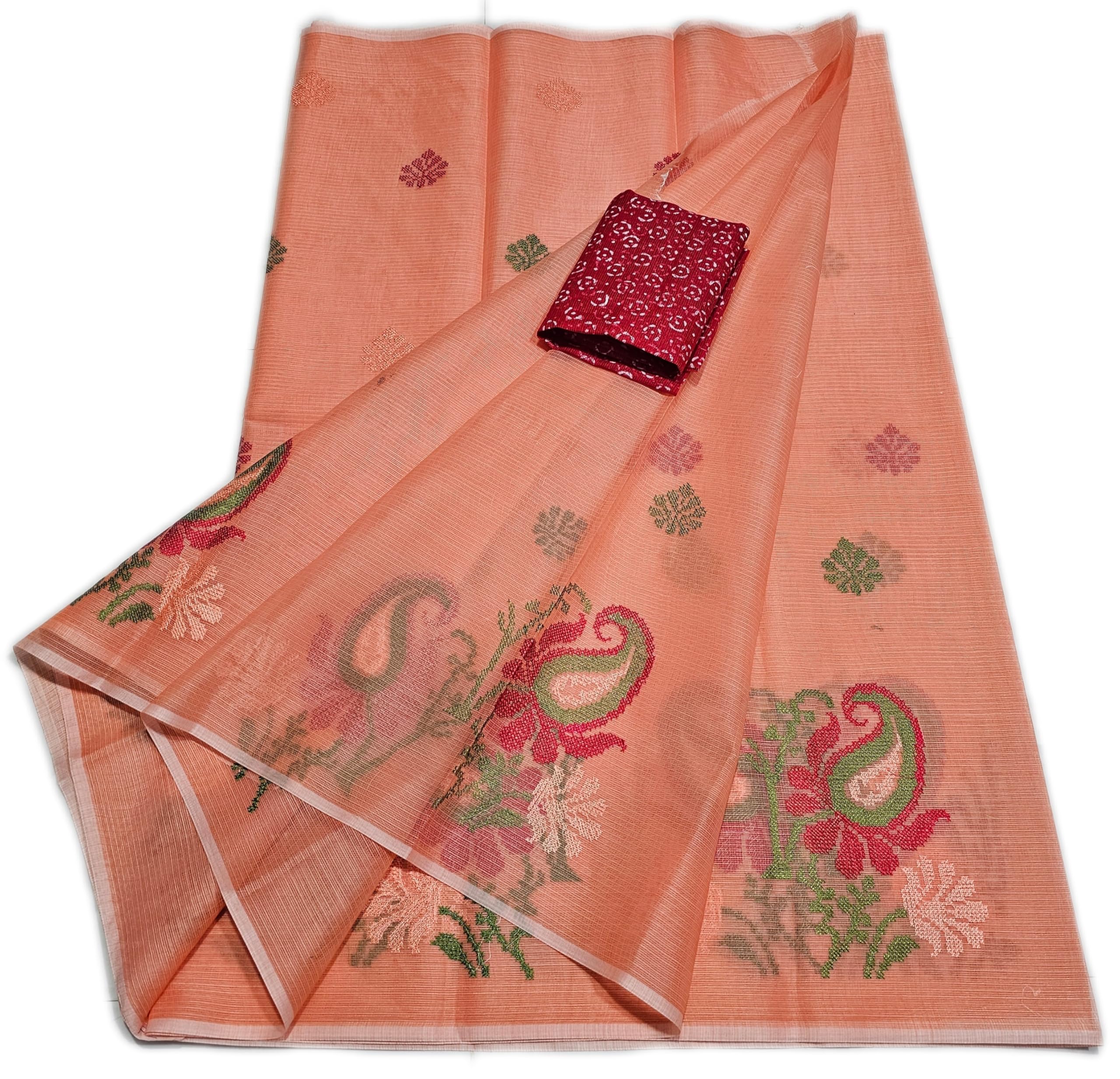 Women's Kota Doria Cotton Saree With Floral Embroidery Paisley Design Extra Contrast Blouse (abdAM)-picture-28