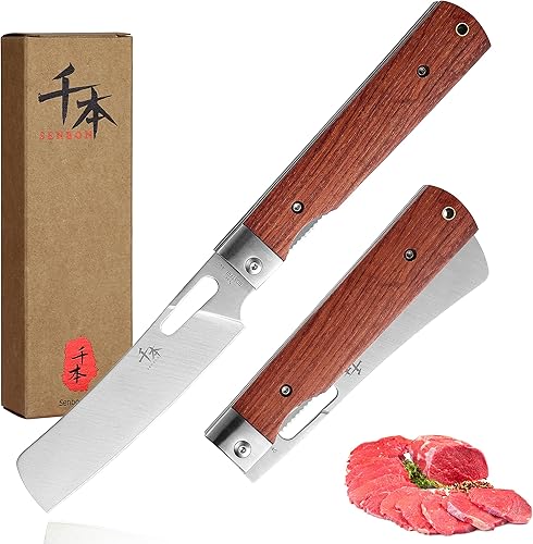 SENBON Cuchillo de cocina plegable de acero inoxidable 440A con mango de palisandro natural para acampar, viajes, al aire libre