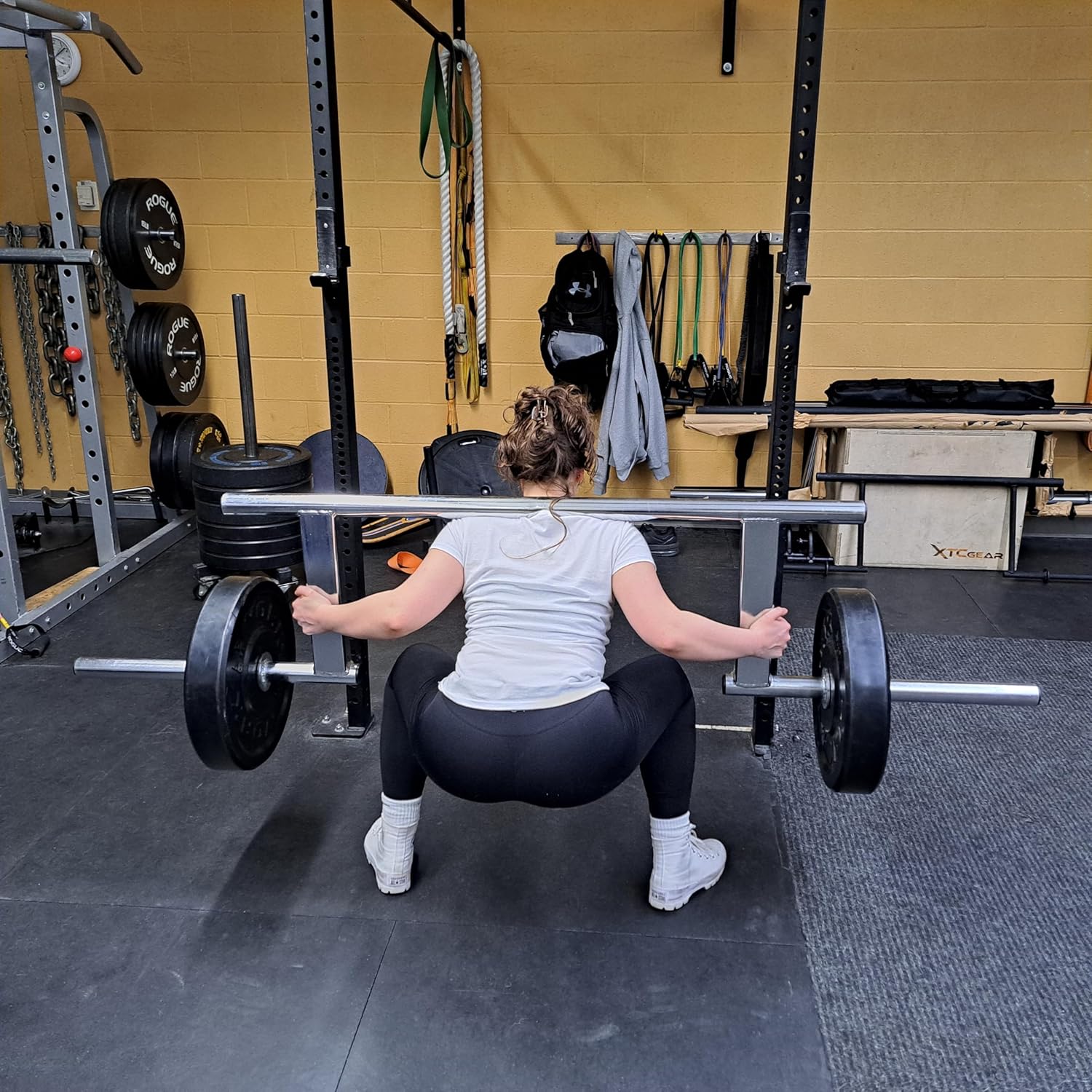 Force of Habit Cambered Squat Bar Olympic Extra Wide 2" Grip Area 45 lbs 13" Offset 88.75" Length Rated 810 lbs 1200 lbs Capacity Fixed Sleeves Squats Yoke Lift Fits Standard Power Rack Monolift Gives Relief from Shoulder Pain for Weightlifters Powerlifting and Strongman Training